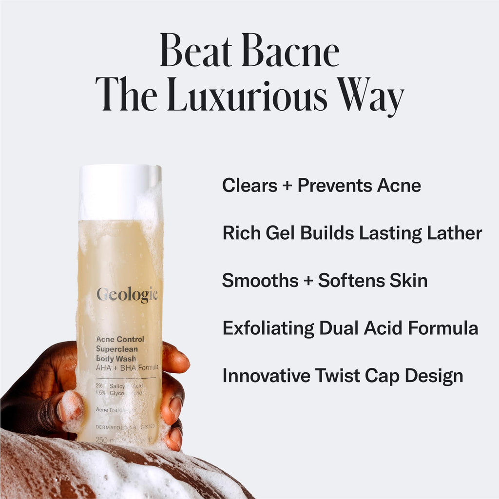 Geologie Acne Control Body Wash | Exfoliating AHA + BHA Cleanser for Back