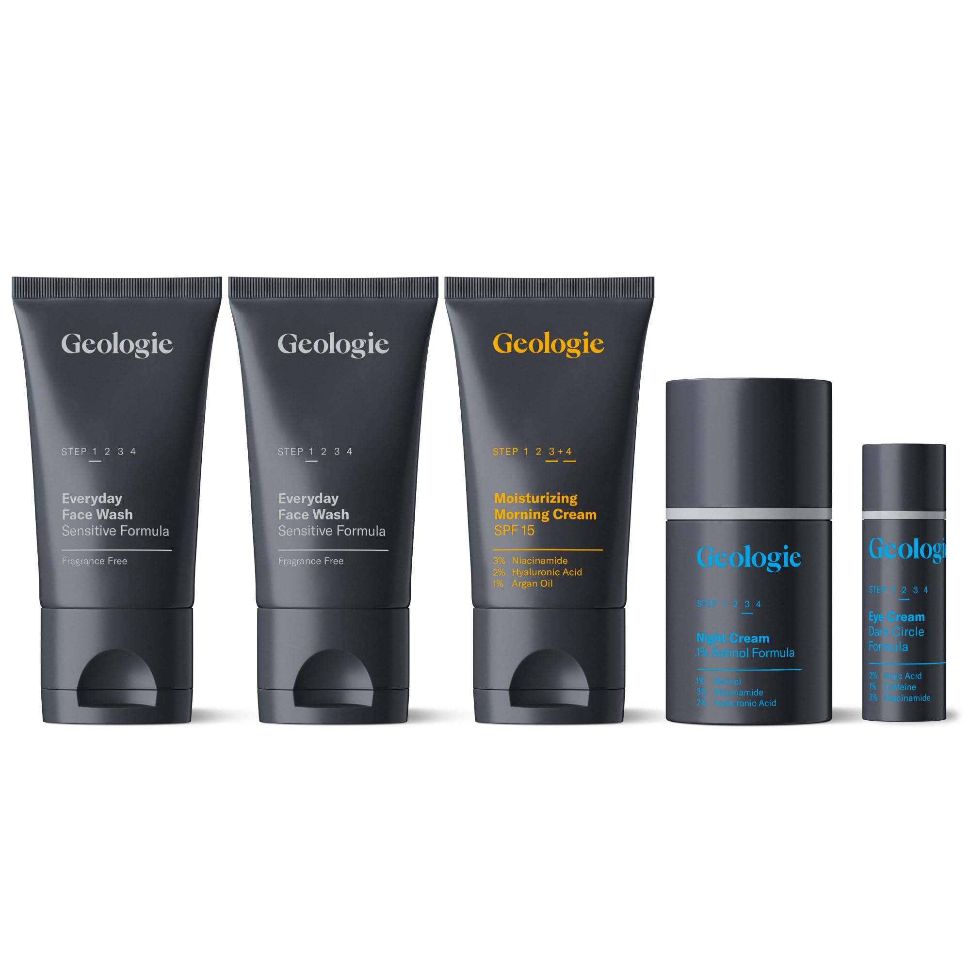 Geologie Sensitive Skincare Set – 3-Month Gentle Daily Routine for Sensitive Skin (Face Wash Duo, Retinol Night Cream, SPF15 Moisturizer & Eye Cream)