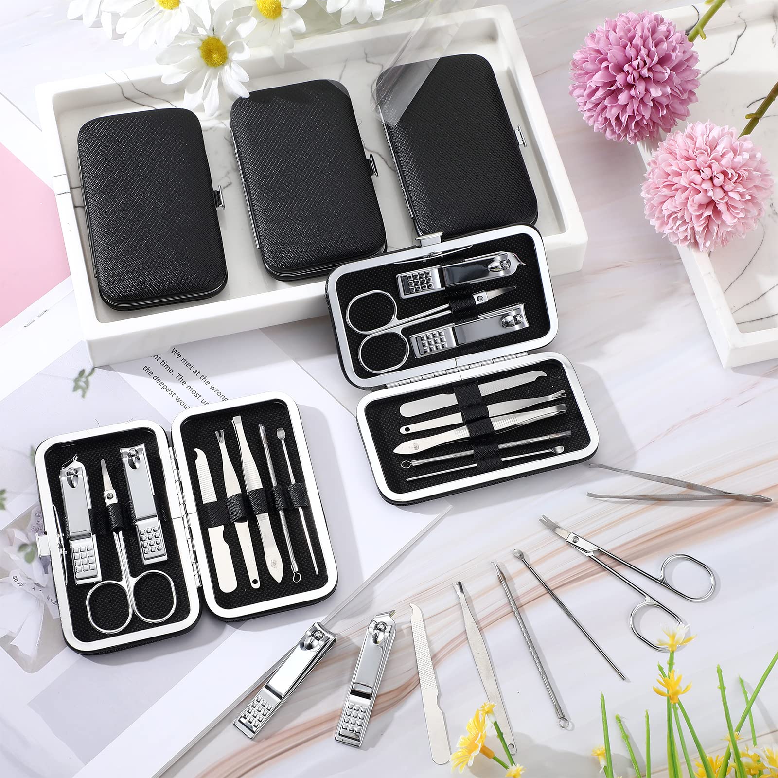 Geosar 50 Set 8-in-1 Travel Manicure Kit – Stainless Steel, Portable Case, Gift for Valentine (Black)