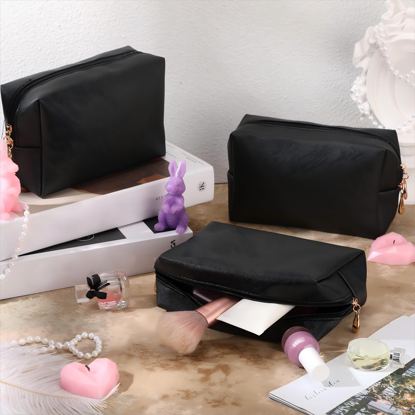 Gerrii 6-Piece Preppy Patch Makeup Bag Set – Waterproof PU Leather Pouches