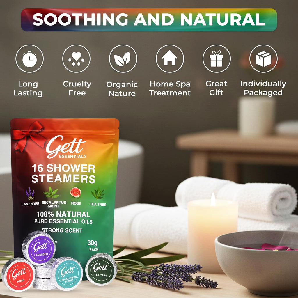 GETT Shower Steamers Aromatherapy 16-Pack – 4 Lavender, 4 Rose, 4 Tea Tree, 4 Mint