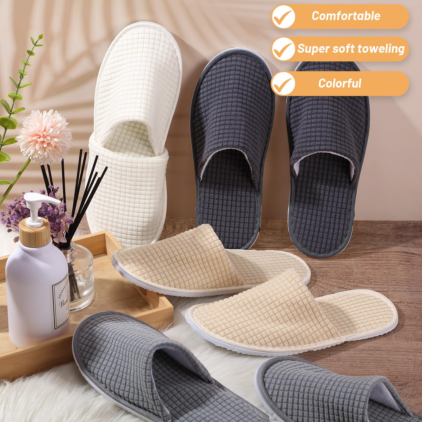 Geyoga 12-Pair House Slippers Pack for Guests – Non-Slip, Disposable & Reusable, Closed-Toe (White/Black/Gray/Beige)