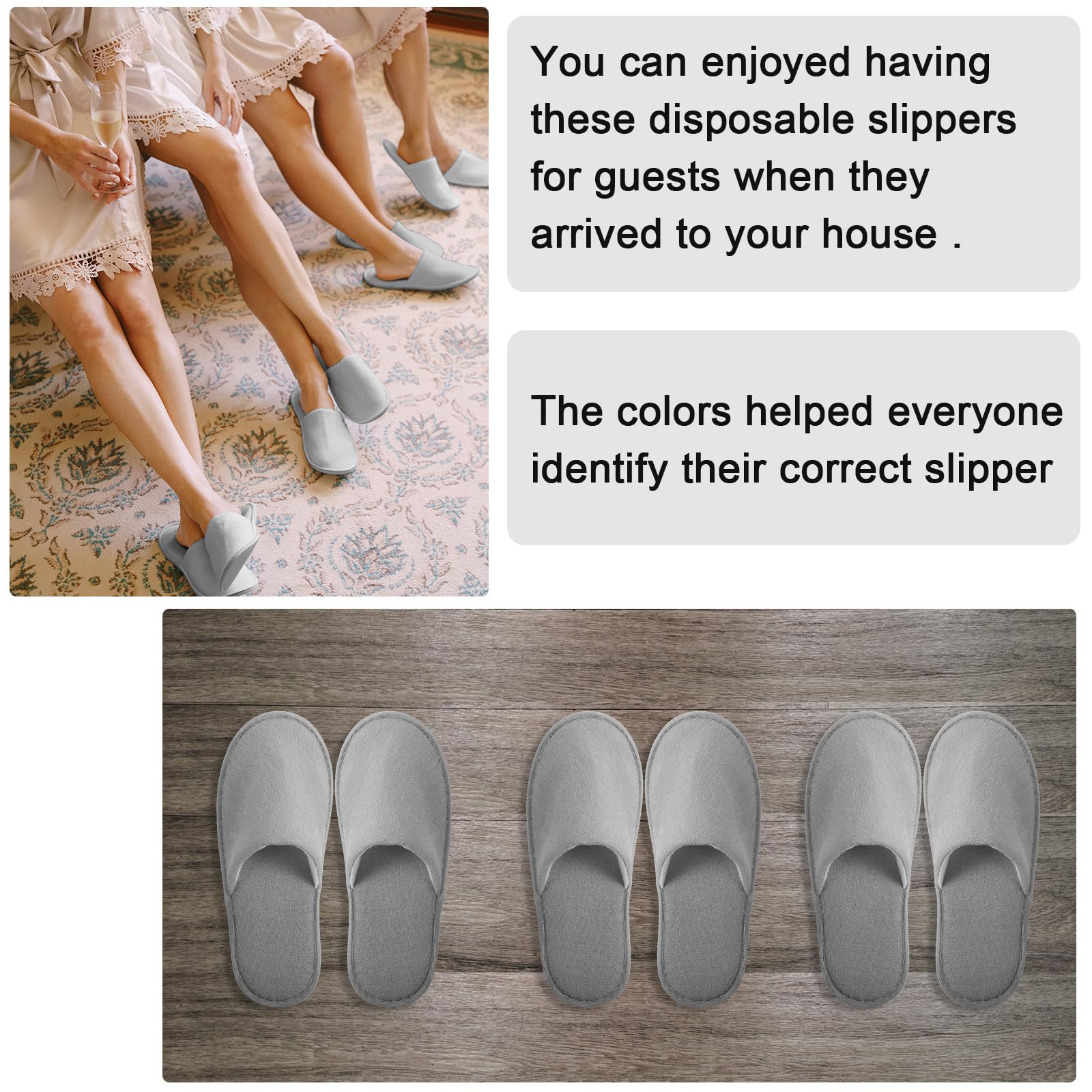 Geyoga 12 Pair Disposable Slippers for Guests – Non-Slip, Light Gray, Hotel & Spa Ready