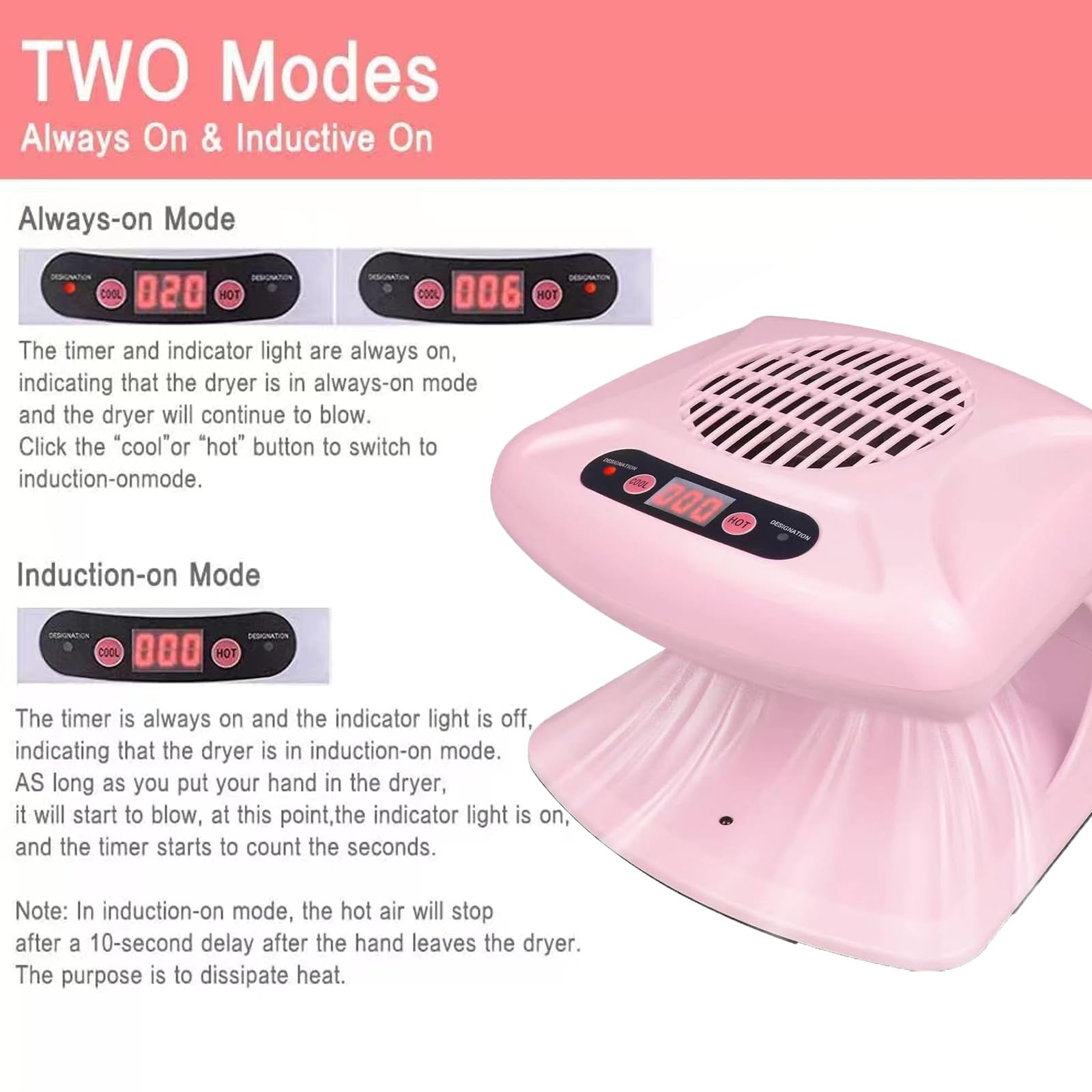 GGAIFbp Nail Dryer 300W – 2-in-1 Hot & Cold Air, Auto Sensor, Pink