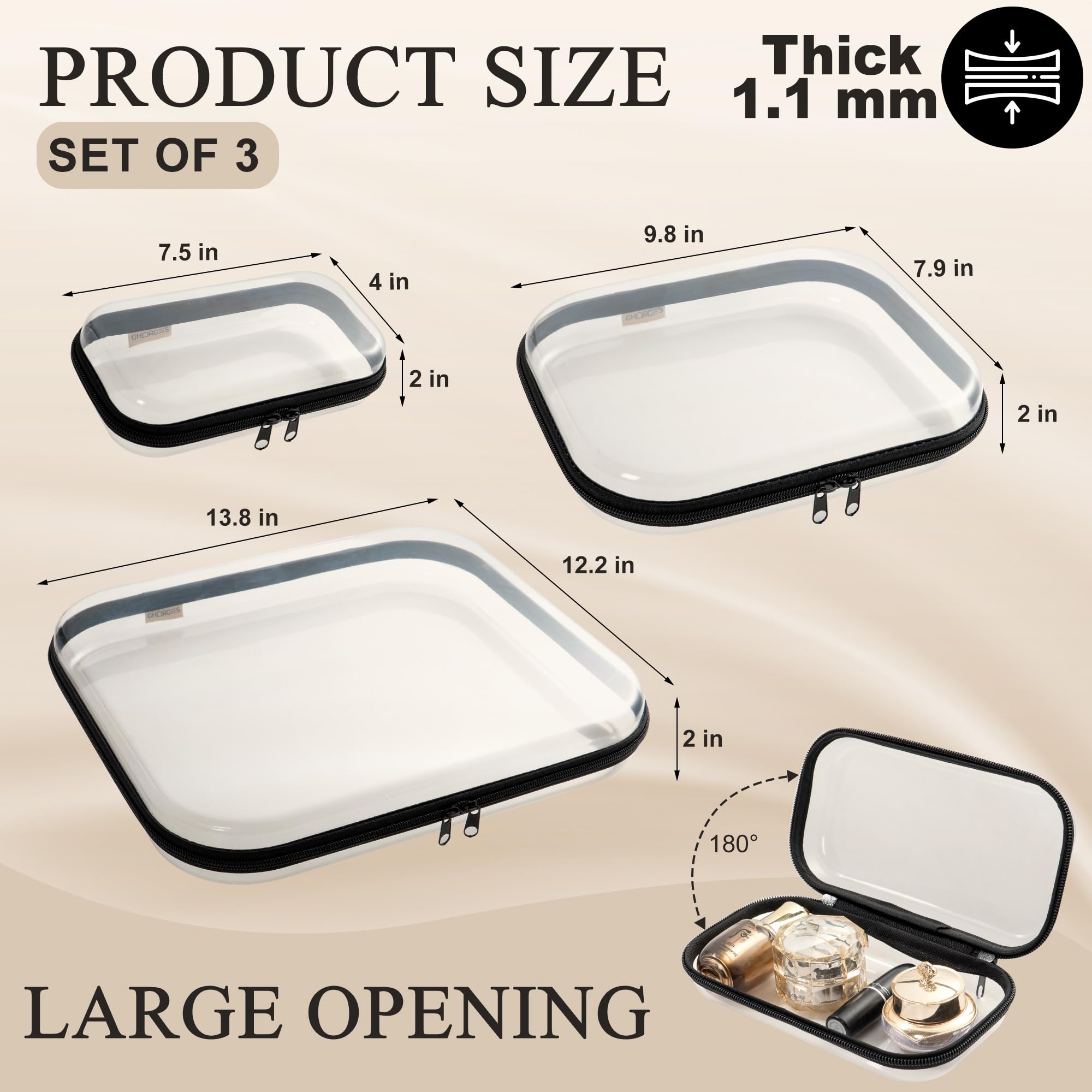Gharges Clear Hard Shell Zipper Case Set – 3-Pack (S/M/L), 1.1mm BPA-Free PVC