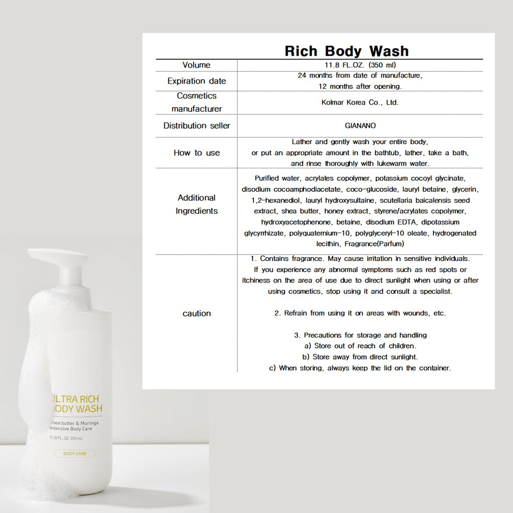 GIANANO Moisturizing Soft Foaming Body Wash – Rich Hydration for All Skin Types (11.8 fl oz / 350 ml) + Free Body Sponge