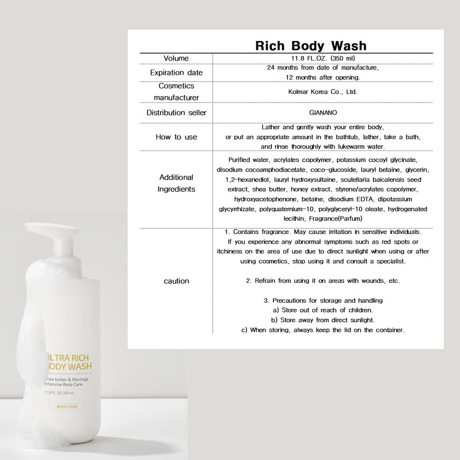 GIANANO Moisturizing Soft Foaming Body Wash – Rich Hydration for All Skin Types (11.8 fl oz / 350 ml) + Free Body Sponge