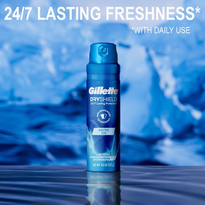 Gillette Dry Spray Antiperspirant & Deodorant for Men – Arctic Ice, 24/7 Sweat & Odor Protection (Pack of 3, 4.3 oz each)