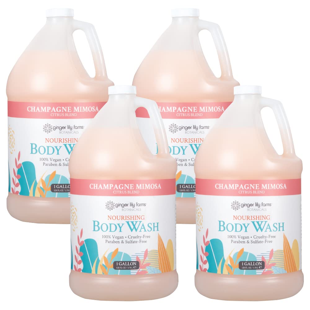 Ginger Lily Farms Botanicals Nourishing Body Wash – Champagne Mimosa, Vegan & Cruelty-Free (1 Gallon Refill, Pack of 4)