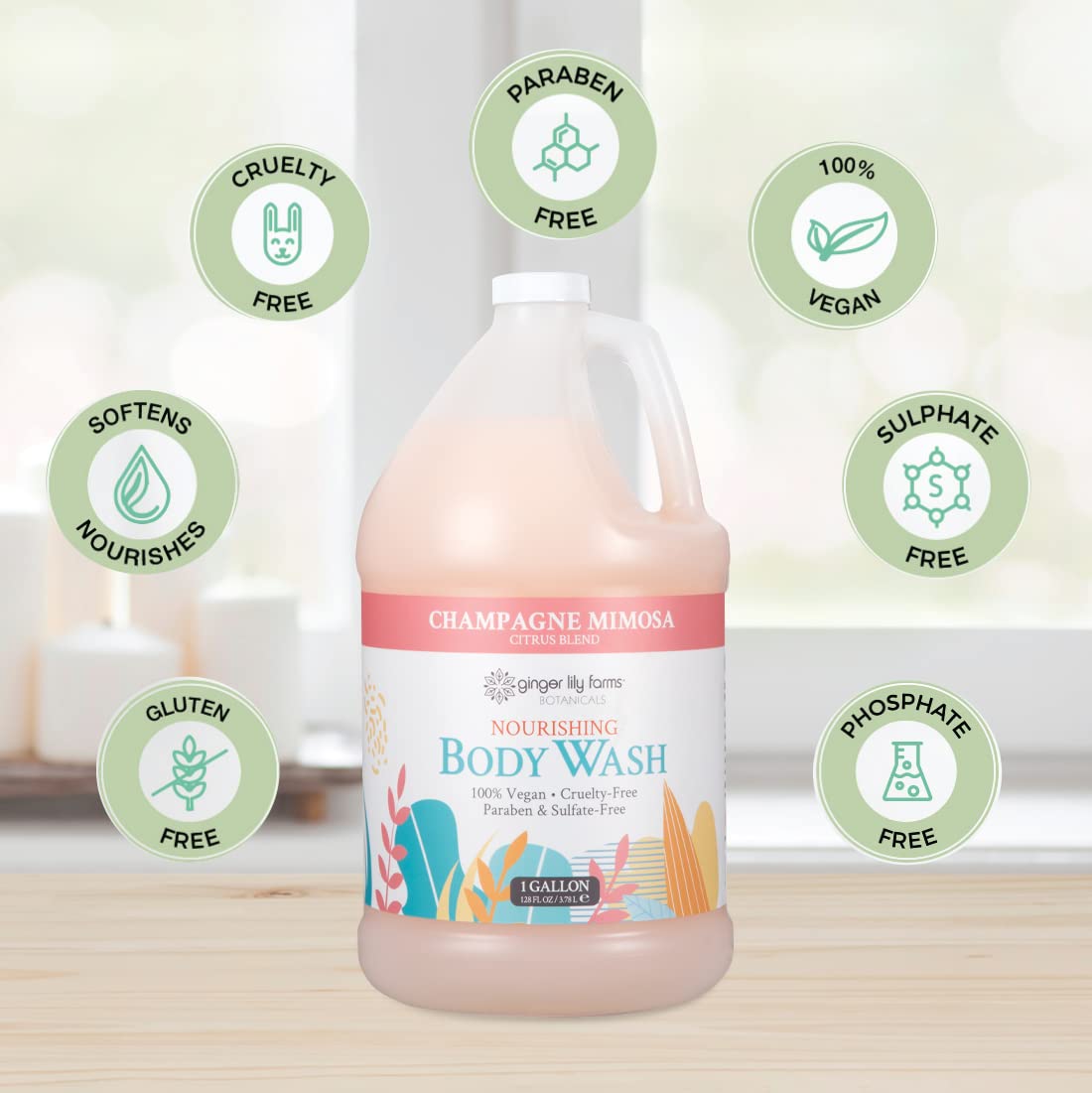 Ginger Lily Farms Botanicals Nourishing Body Wash – Champagne Mimosa, Vegan & Cruelty-Free (1 Gallon Refill, Pack of 4)