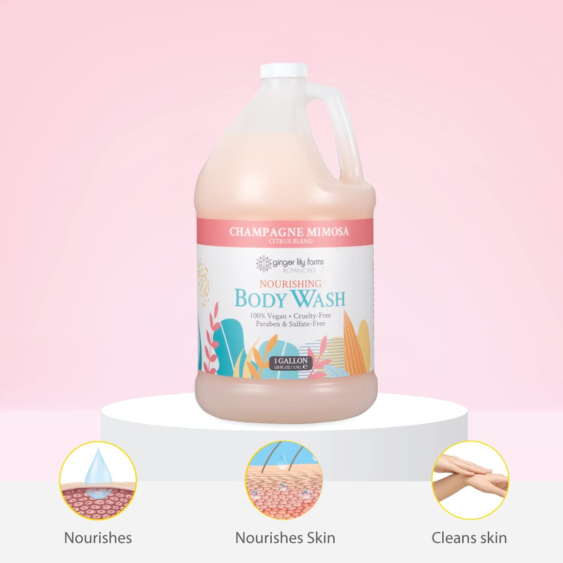 Ginger Lily Farms Botanicals Nourishing Body Wash – Champagne Mimosa, Vegan & Cruelty-Free (1 Gallon Refill, Pack of 4)