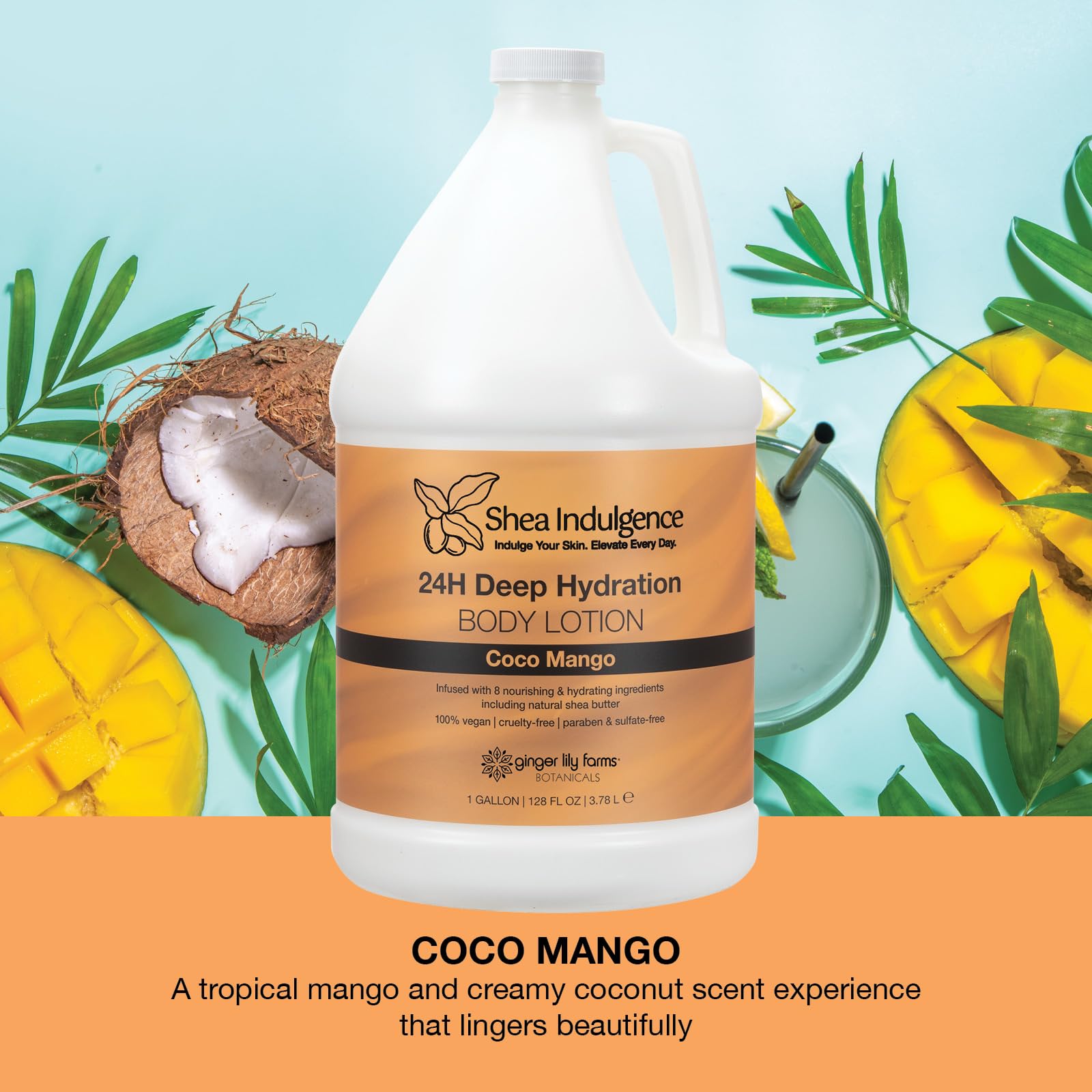 Ginger Lily Farms Shea Indulgence 24H Deep Hydration Body Lotion – Coco Mango, 1 Gallon Refill (Vegan & Cruelty-Free)