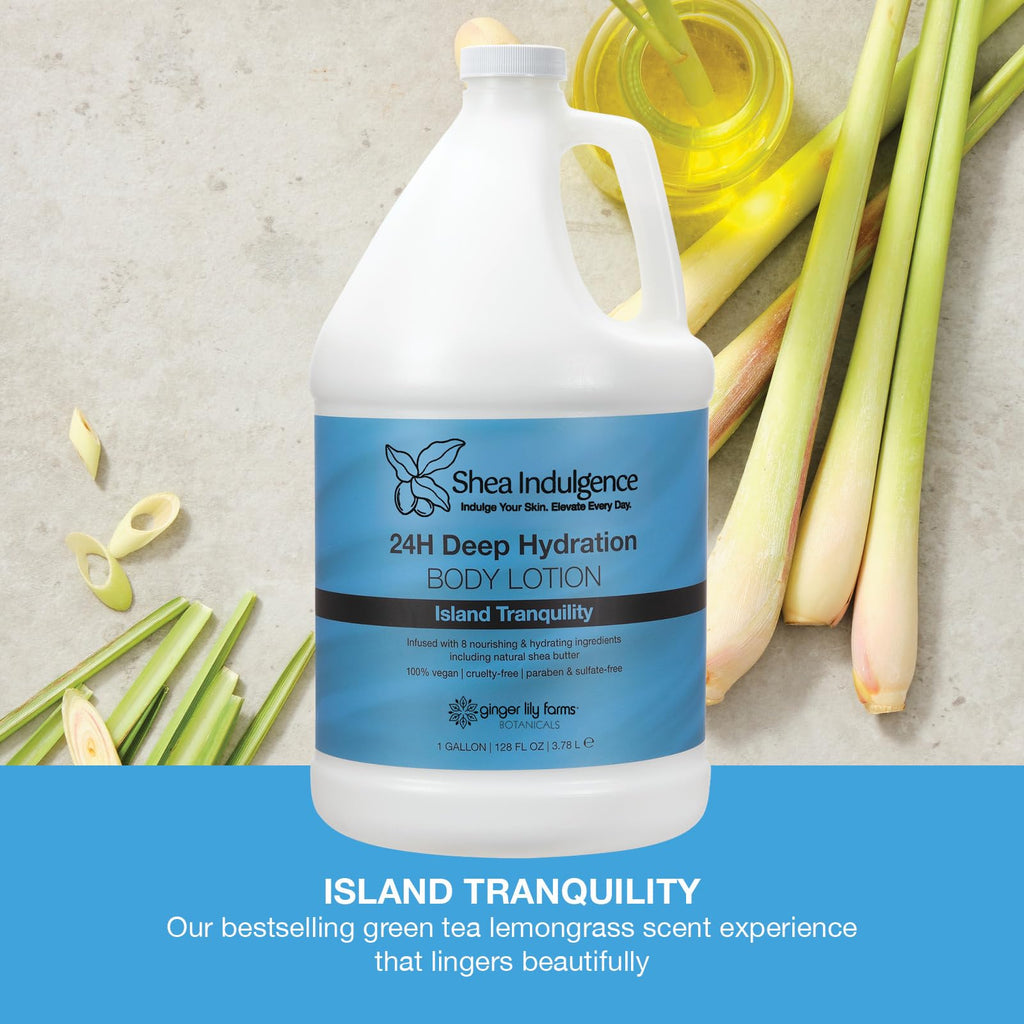 Ginger Lily Farms Shea Indulgence 24H Hydration Lotion – Island Tranquility, Vegan & Cruelty-Free, 1 Gal Refill