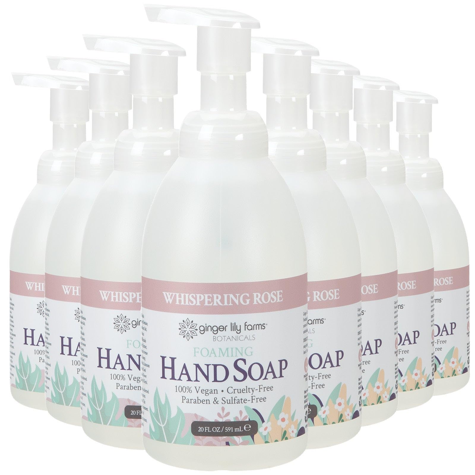 Ginger Lily Farms Botanicals All-Purpose Foaming Hand Soap Refill – 20 oz, 8-Pack, Vegan & Cruelty-Free, Whispering Rose