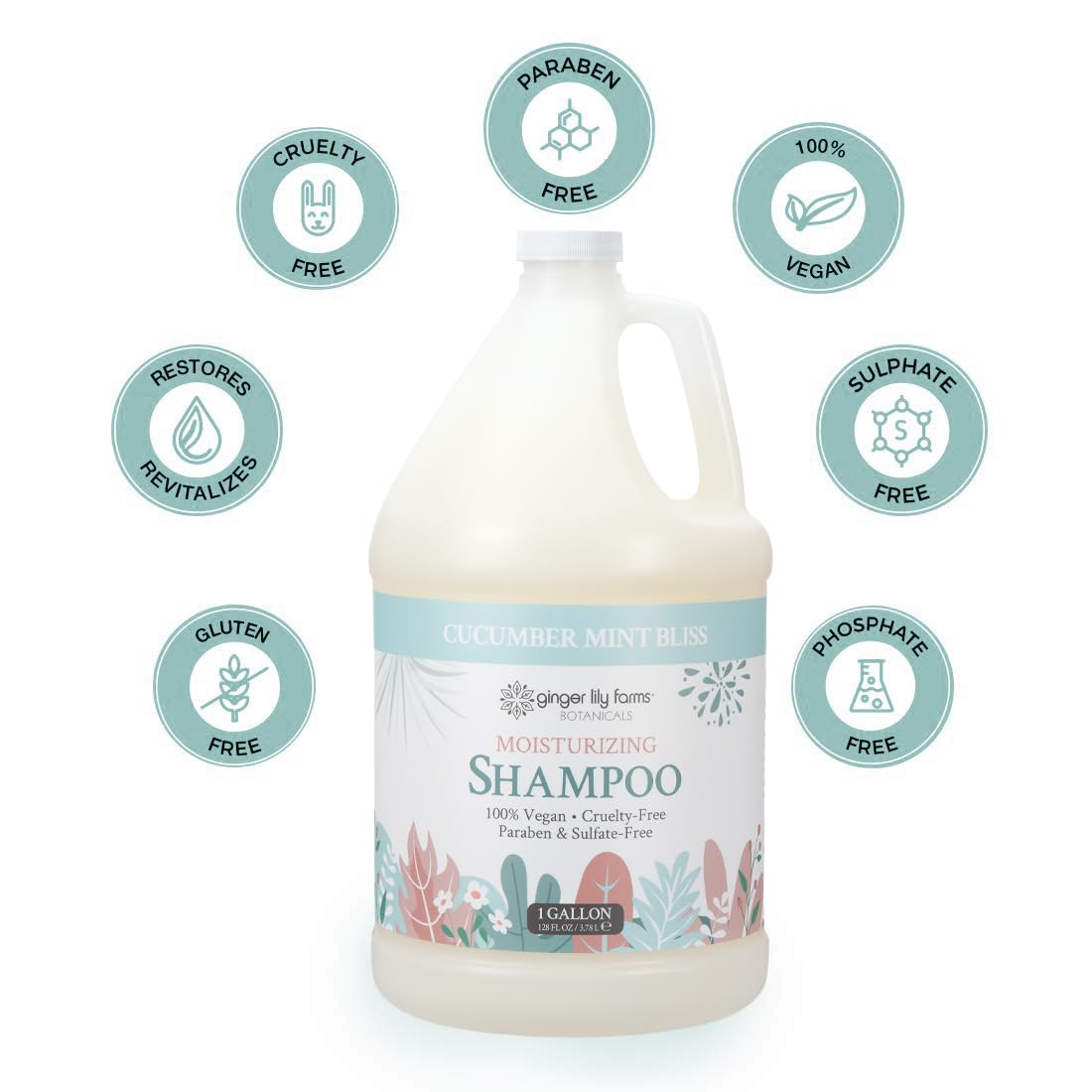 Ginger Lily Farms Botanicals Moisturizing Shampoo – All Hair Types, Vegan & Cruelty-Free, Cucumber Mint Bliss, 1 Gallon Refill