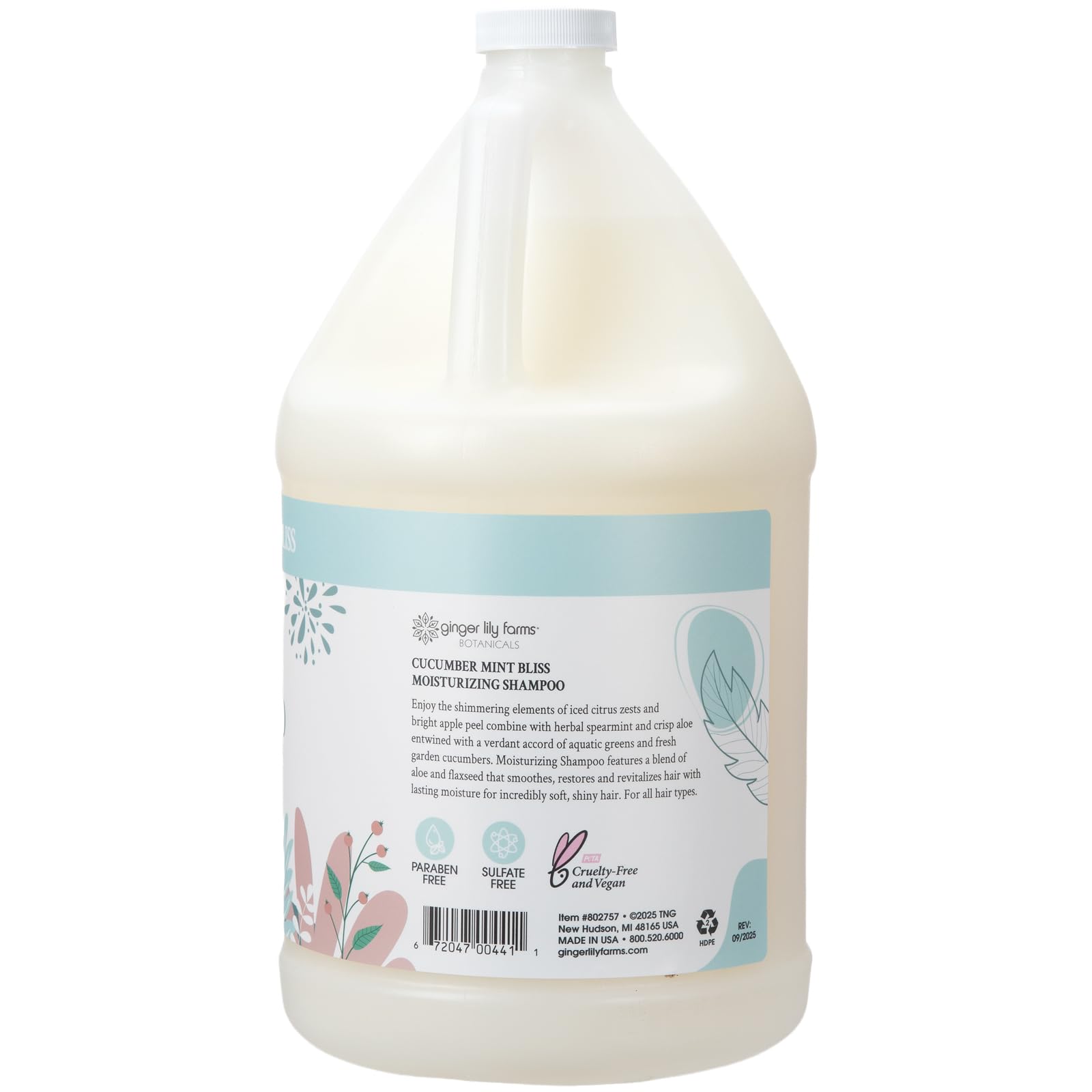 Ginger Lily Farms Botanicals Moisturizing Shampoo – All Hair Types, Vegan & Cruelty-Free, Cucumber Mint Bliss, 1 Gallon Refill