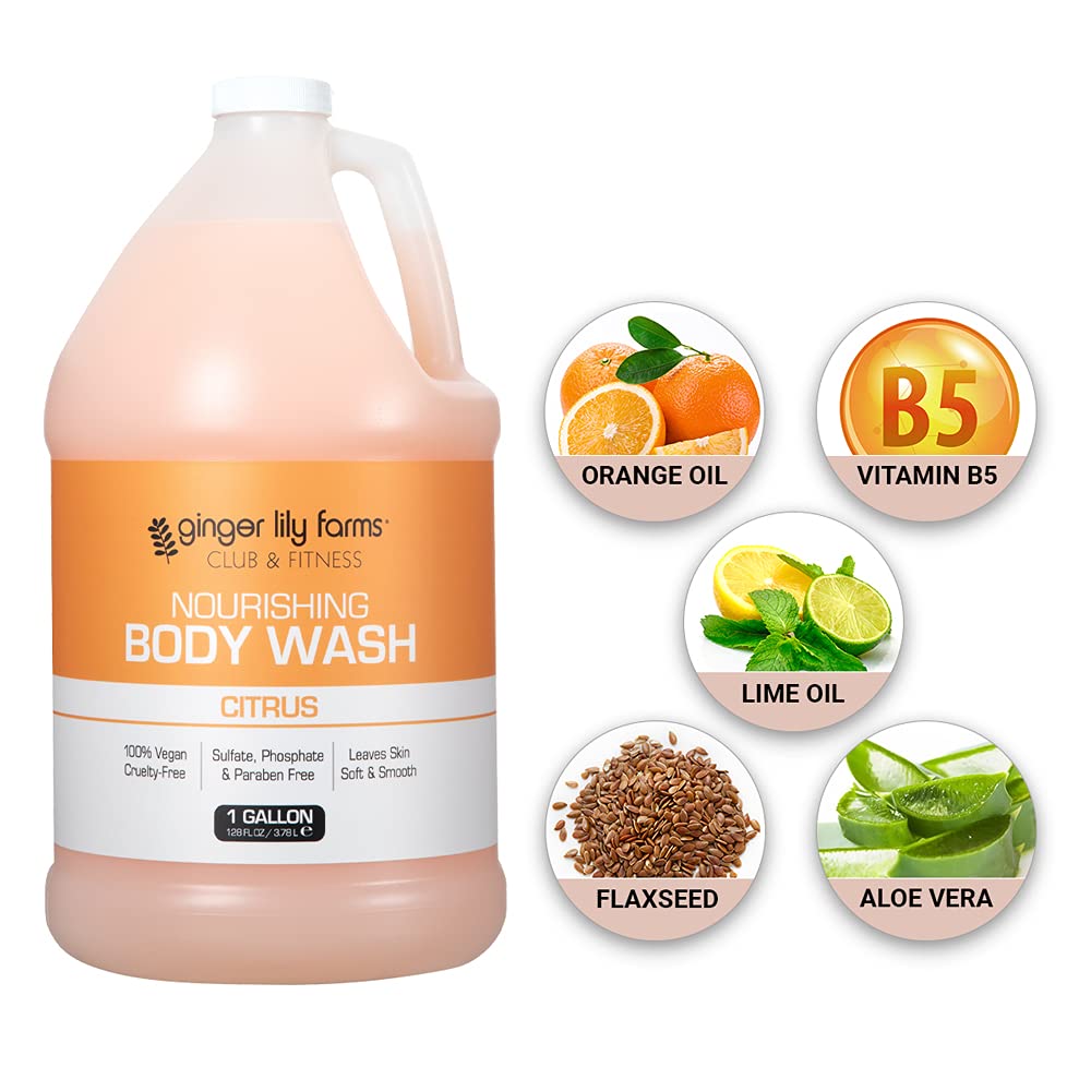Ginger Lily Farms Club & Fitness Nourishing Body Wash – 100% Vegan, Cruelty-Free, Citrus Scent, 1 Gallon Refill (Pack of 4)