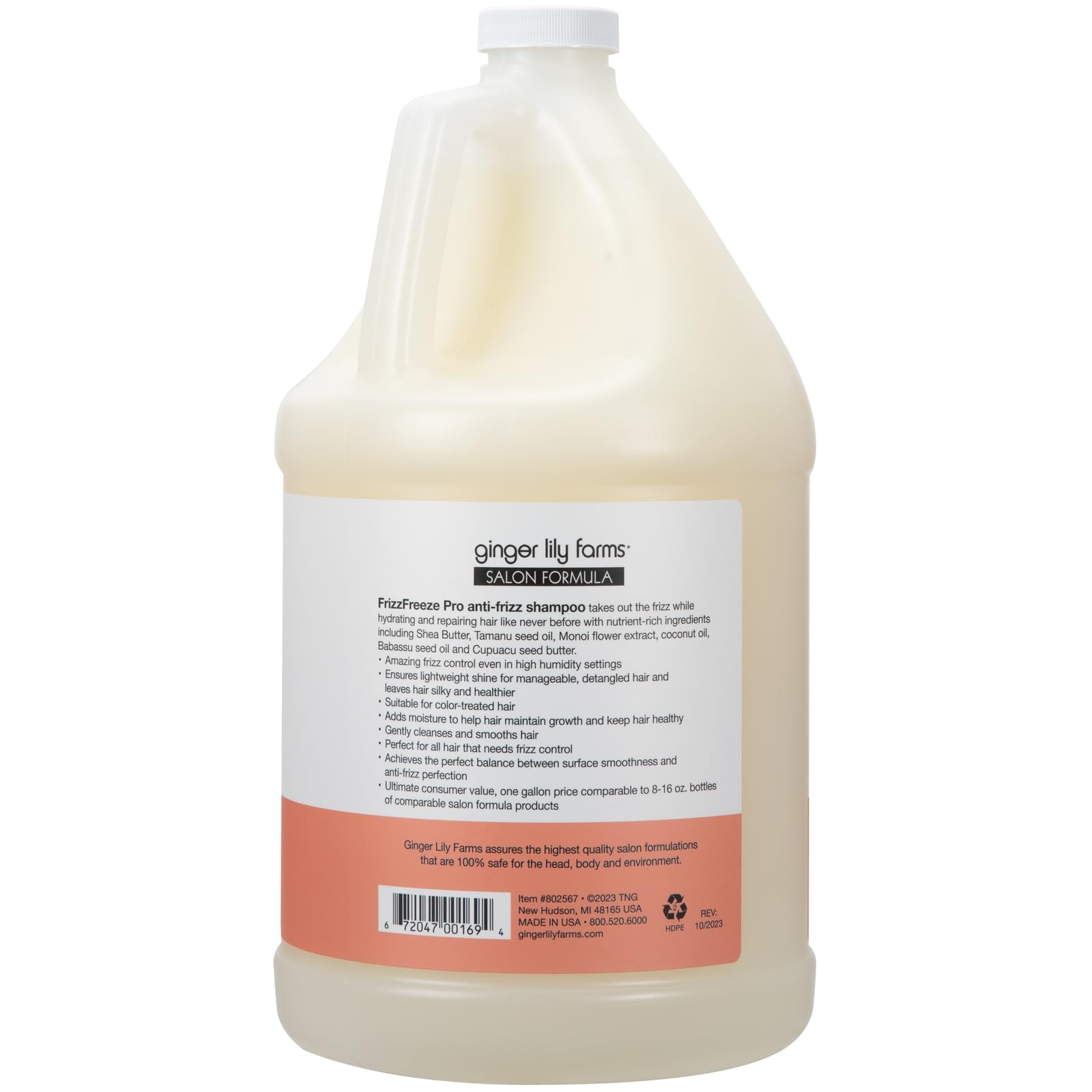 Ginger Lily Farms Salon Formula FrizzFreeze Pro Anti-Frizz Shampoo – 1 Gallon Refill, Vegan & Cruelty-Free