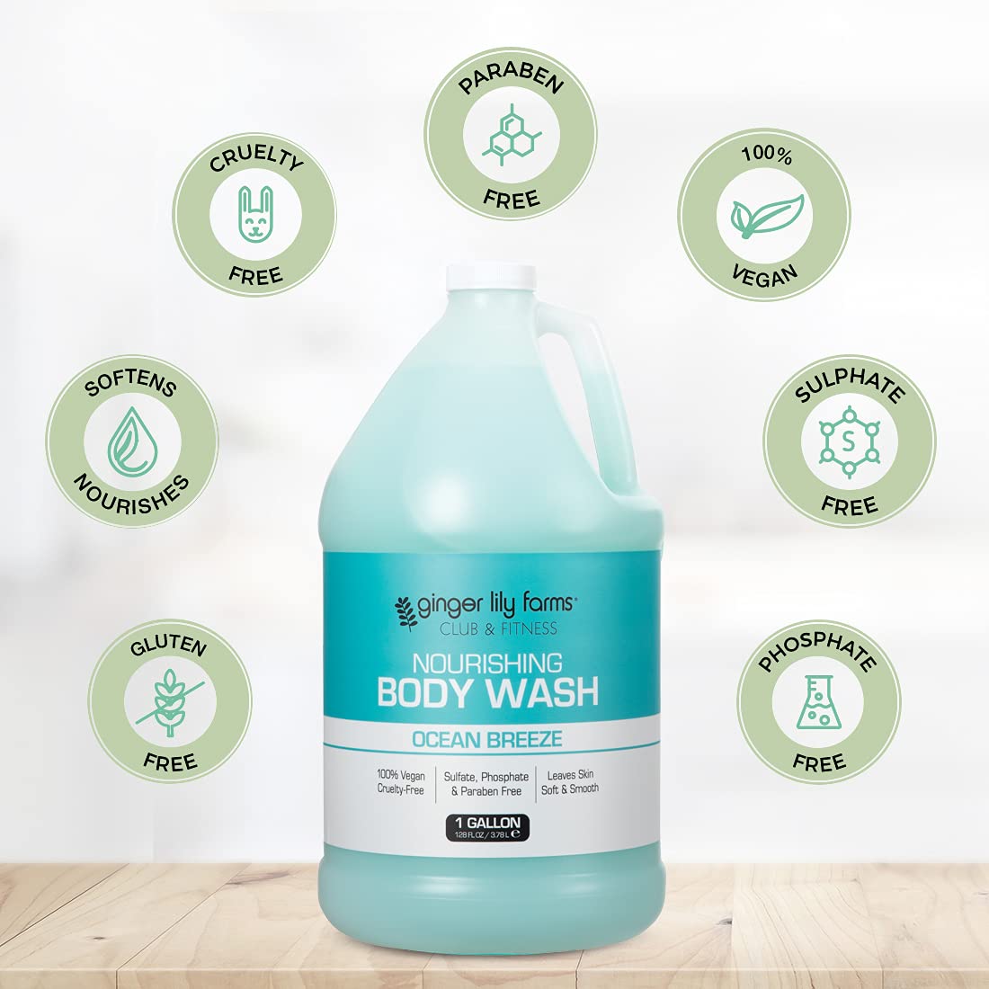 Ginger Lily Farms Club & Fitness Nourishing Body Wash – Ocean Breeze, 1 Gallon Refill (Pack of 4)