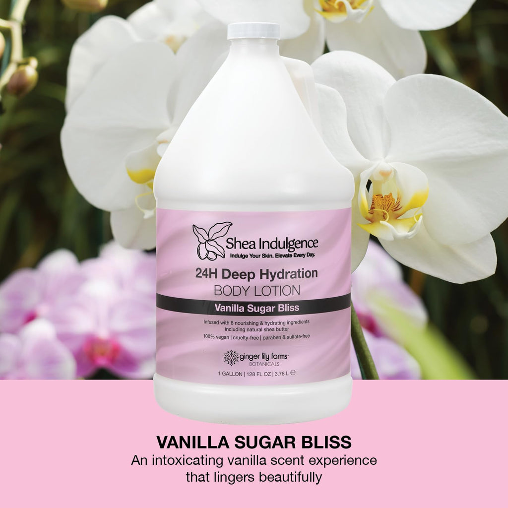 Ginger Lily Farms Shea Indulgence 24H Deep Hydration Body Lotion – Vanilla Sugar Bliss, 1 Gallon Refill