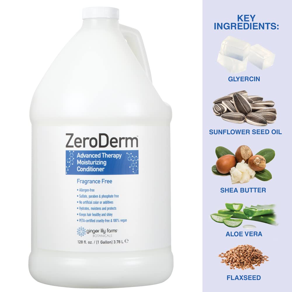 Ginger Lily Farms ZeroDerm Advanced Therapy Moisturizing Conditioner – Fragrance-Free, All Hair Types, 1 Gallon Refill (Pack of 4)