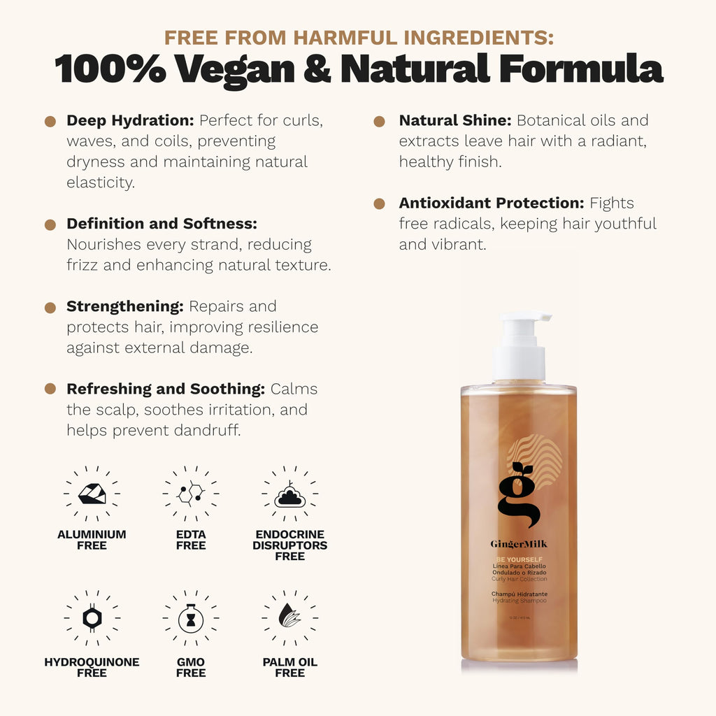 Ginger Milk Hydrating Shampoo for Curly, Wavy & Coily Hair | Defined Curls, Frizz Control, Shine - Sulfate-Free 16 oz
