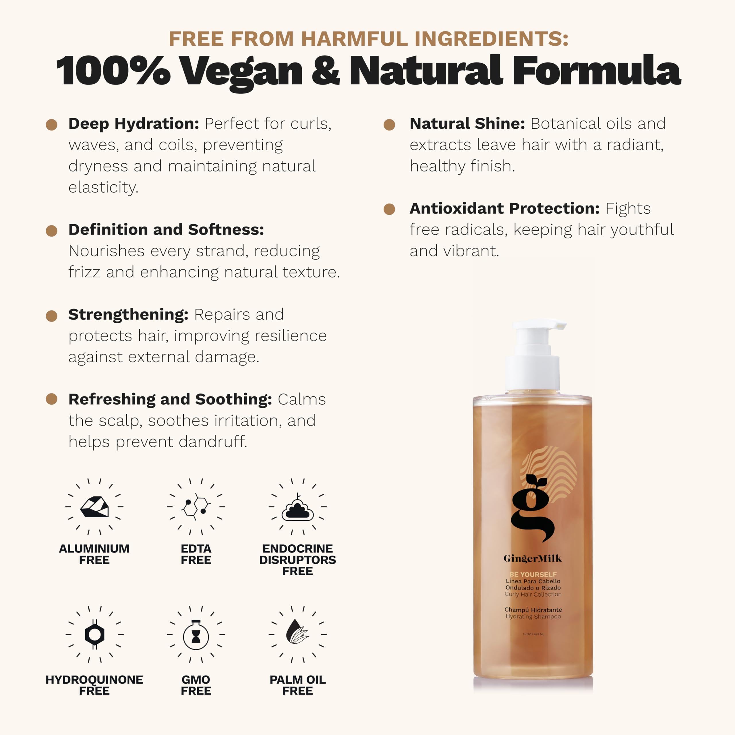 Ginger Milk Hydrating Shampoo for Curly, Wavy & Coily Hair | Defined Curls, Frizz Control, Shine - Sulfate-Free 16 oz