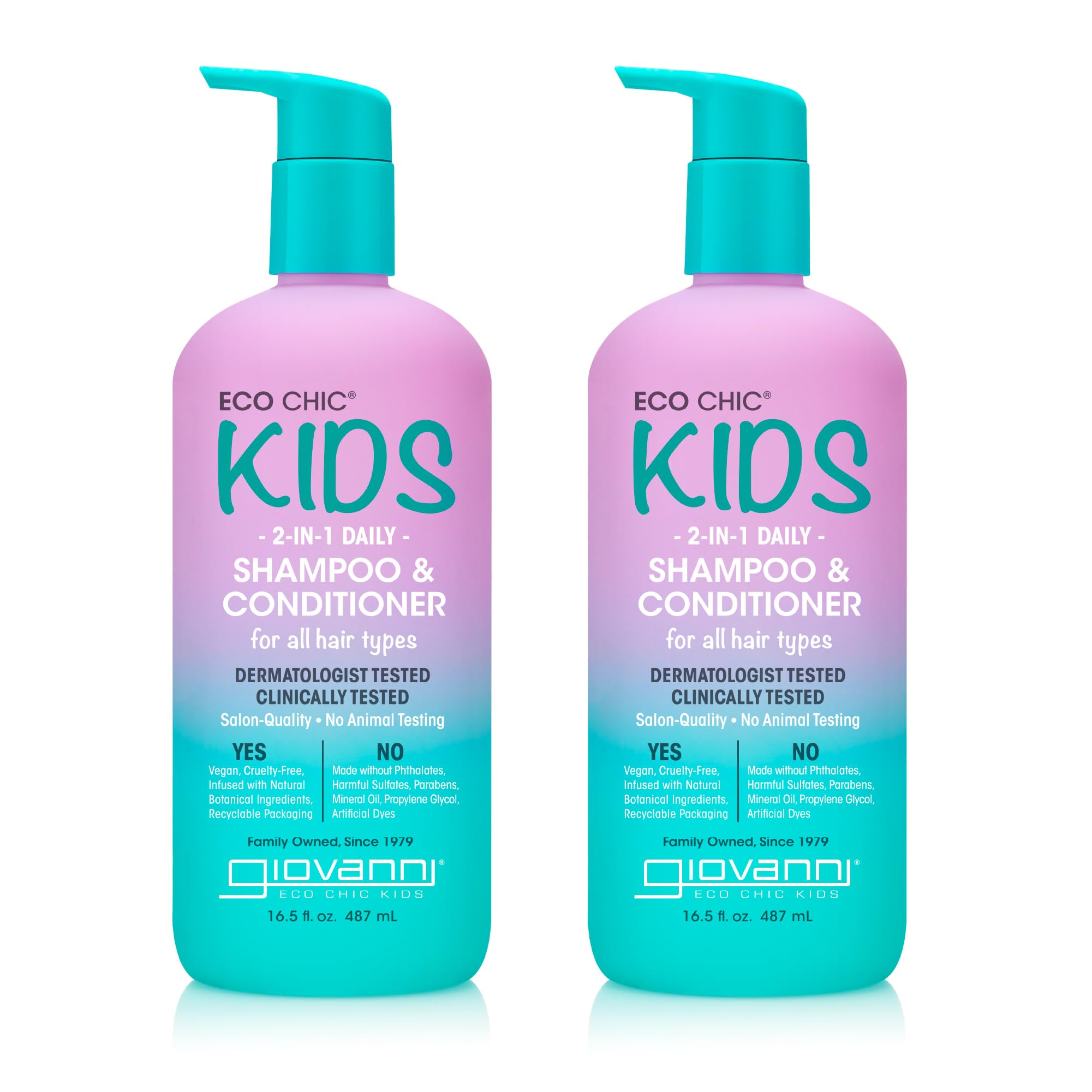 GIOVANNI Eco Chic Kids 2-in-1 Shampoo & Conditioner | Gentle, Vegan, All Hair Types, 16.5 fl oz (Pack of 2)