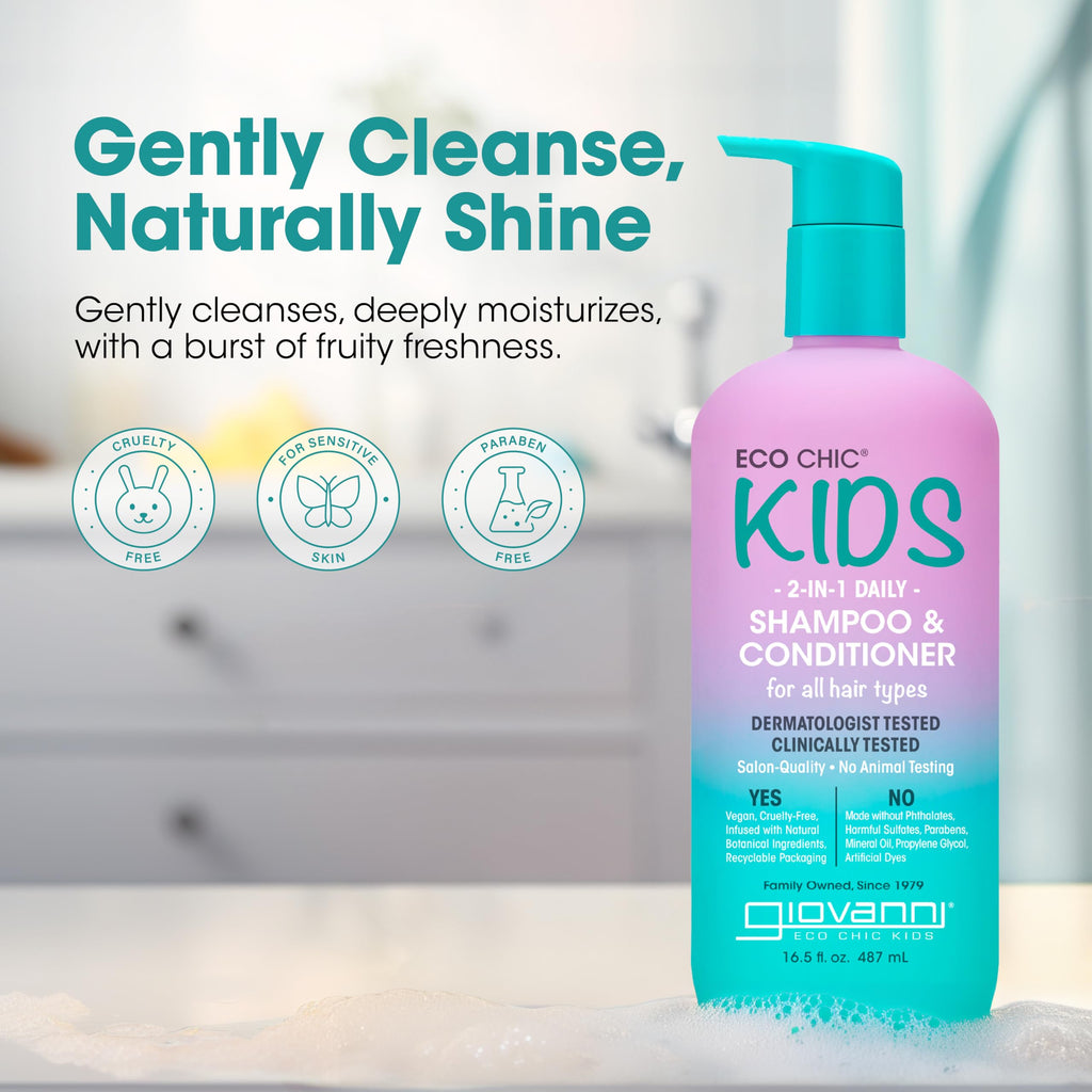 GIOVANNI Eco Chic Kids 2-in-1 Shampoo & Conditioner | Gentle, Vegan, All Hair Types, 16.5 fl oz (Pack of 2)