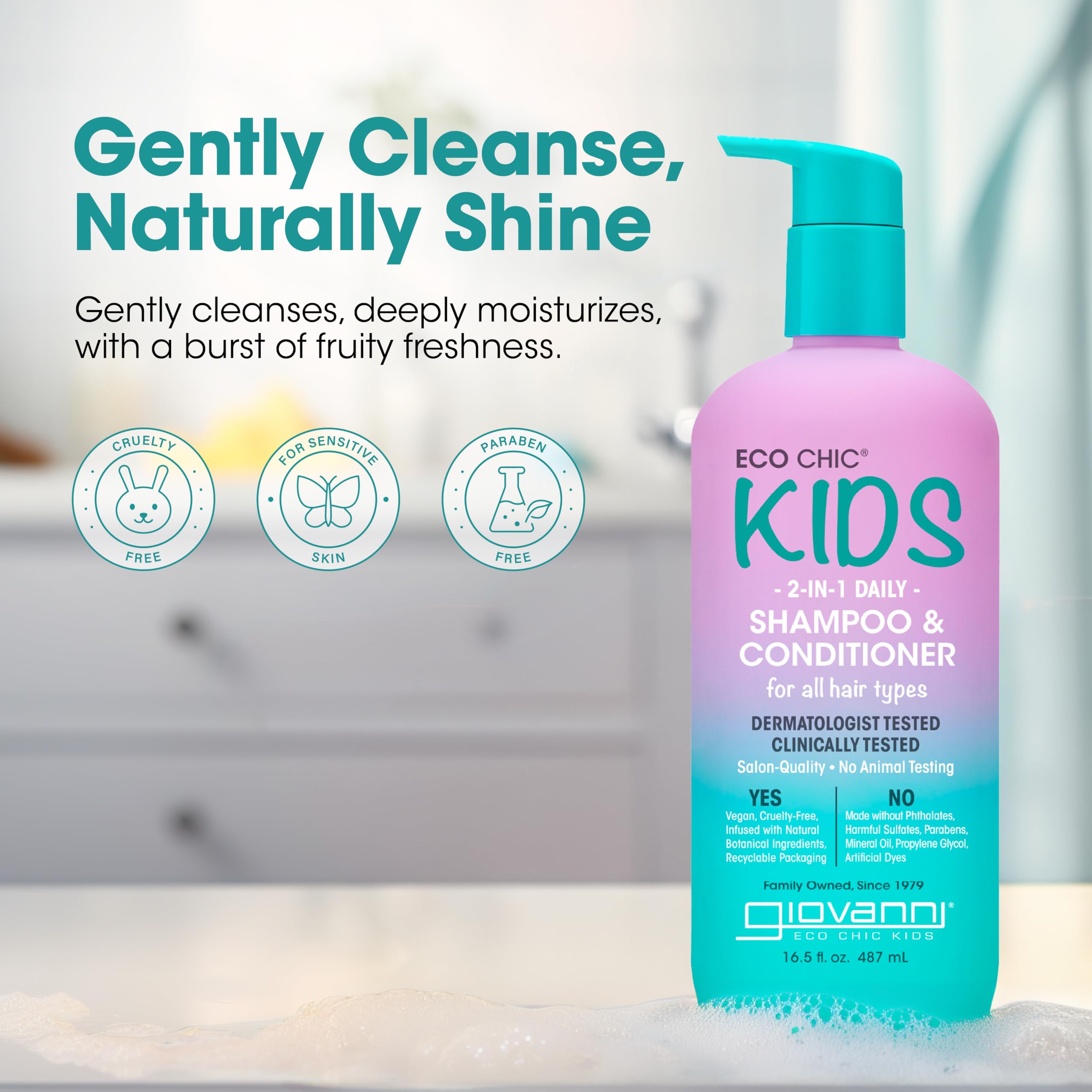 GIOVANNI Eco Chic Kids 2-in-1 Shampoo & Conditioner | Gentle, Vegan, All Hair Types, 16.5 fl oz (Pack of 2)
