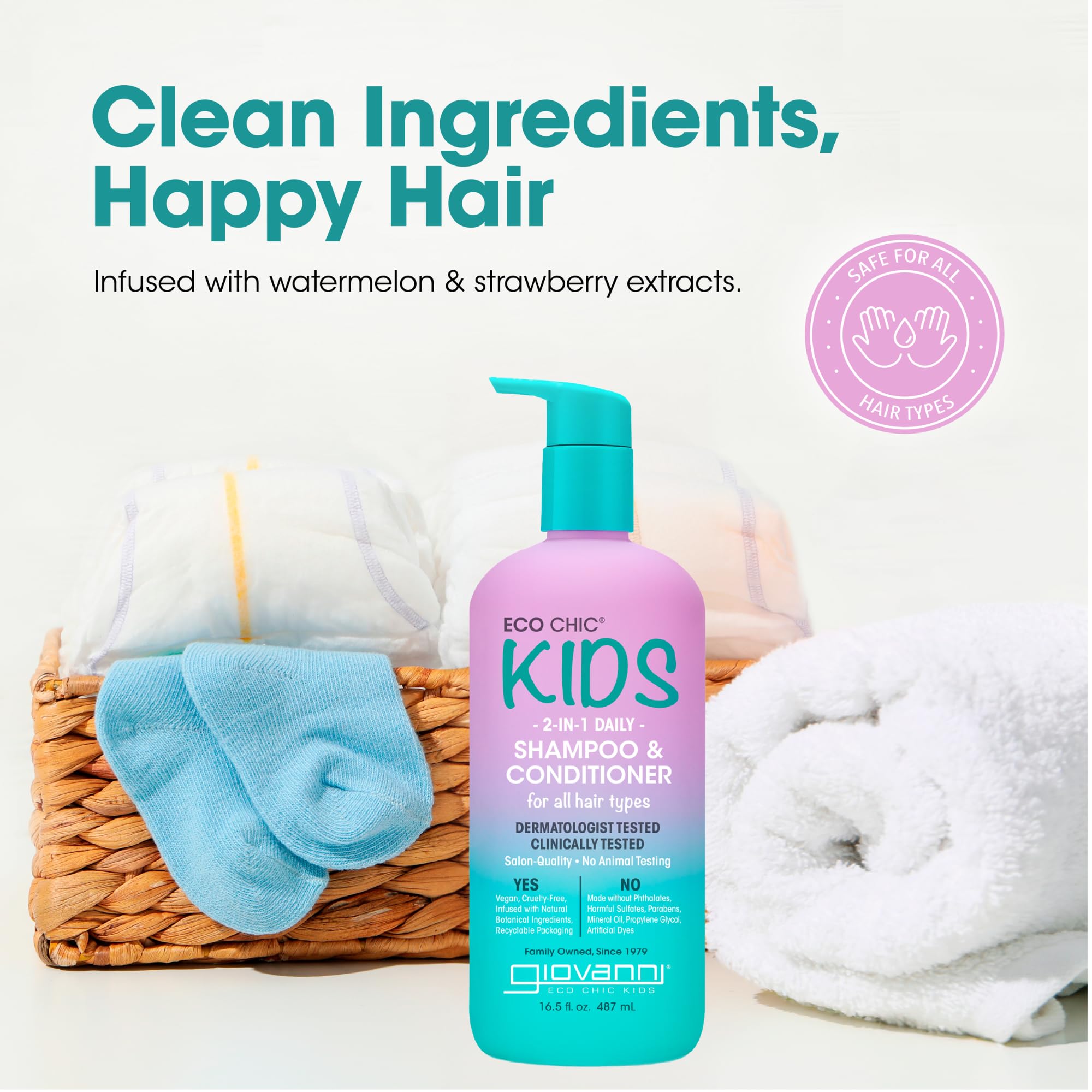 GIOVANNI Eco Chic Kids 2-in-1 Shampoo & Conditioner | Gentle, Vegan, All Hair Types, 16.5 fl oz (Pack of 2)