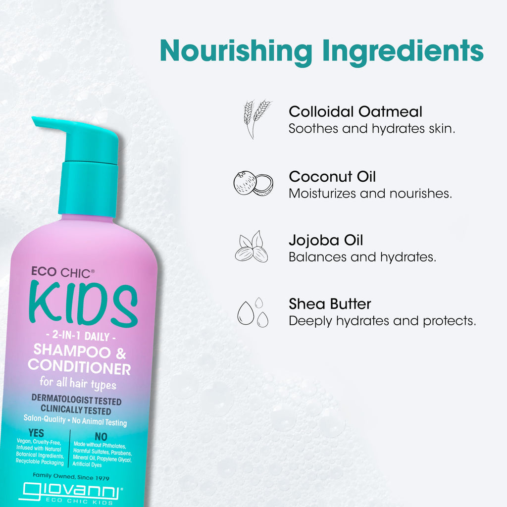 GIOVANNI Eco Chic Kids 2-in-1 Shampoo & Conditioner | Gentle, Vegan, All Hair Types, 16.5 fl oz (Pack of 2)