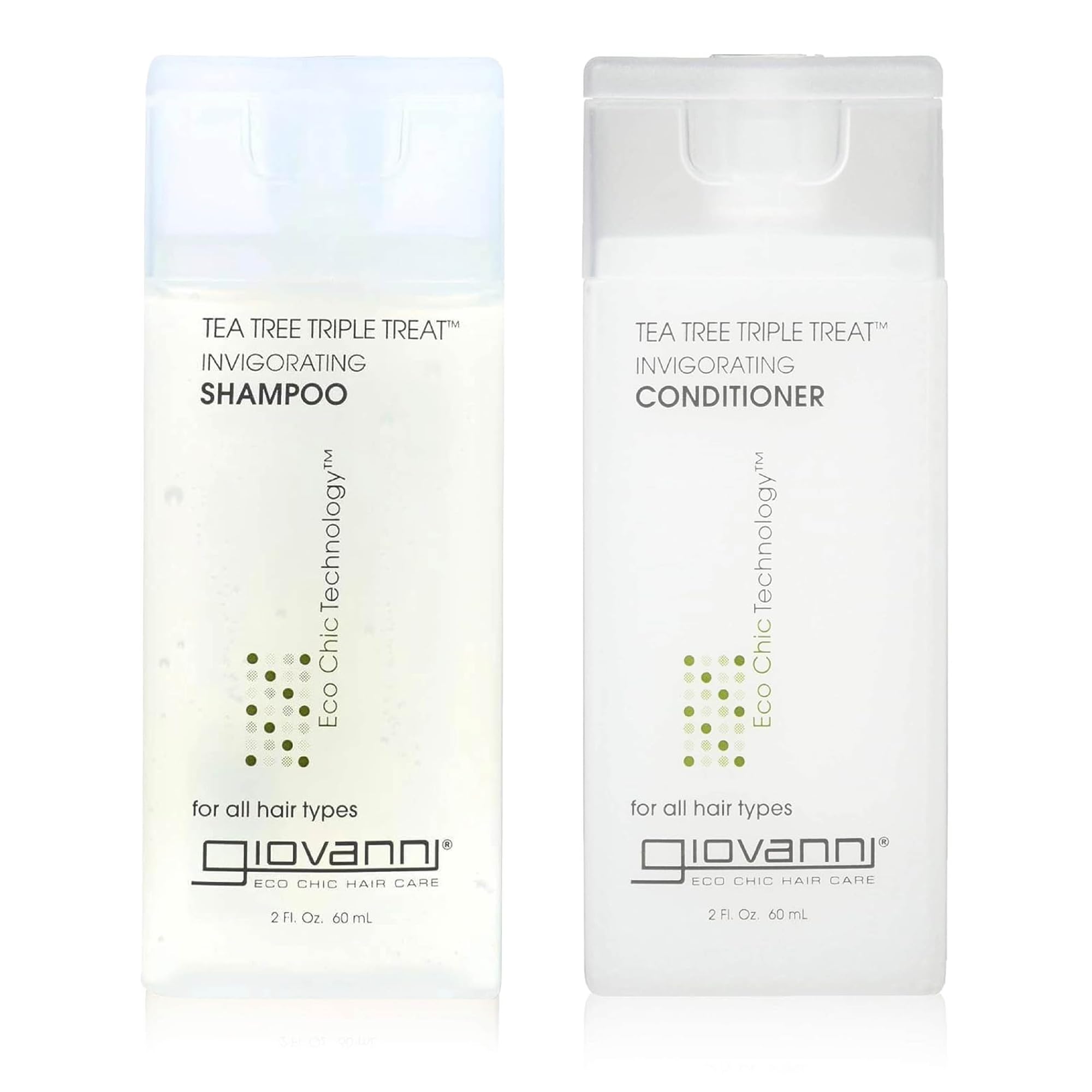 GIOVANNI Tea Tree Triple Threat Invigorating Shampoo & Conditioner Set – Travel Size 2 oz (2 Pack) – Peppermint, Eucalyptus, Rosemary