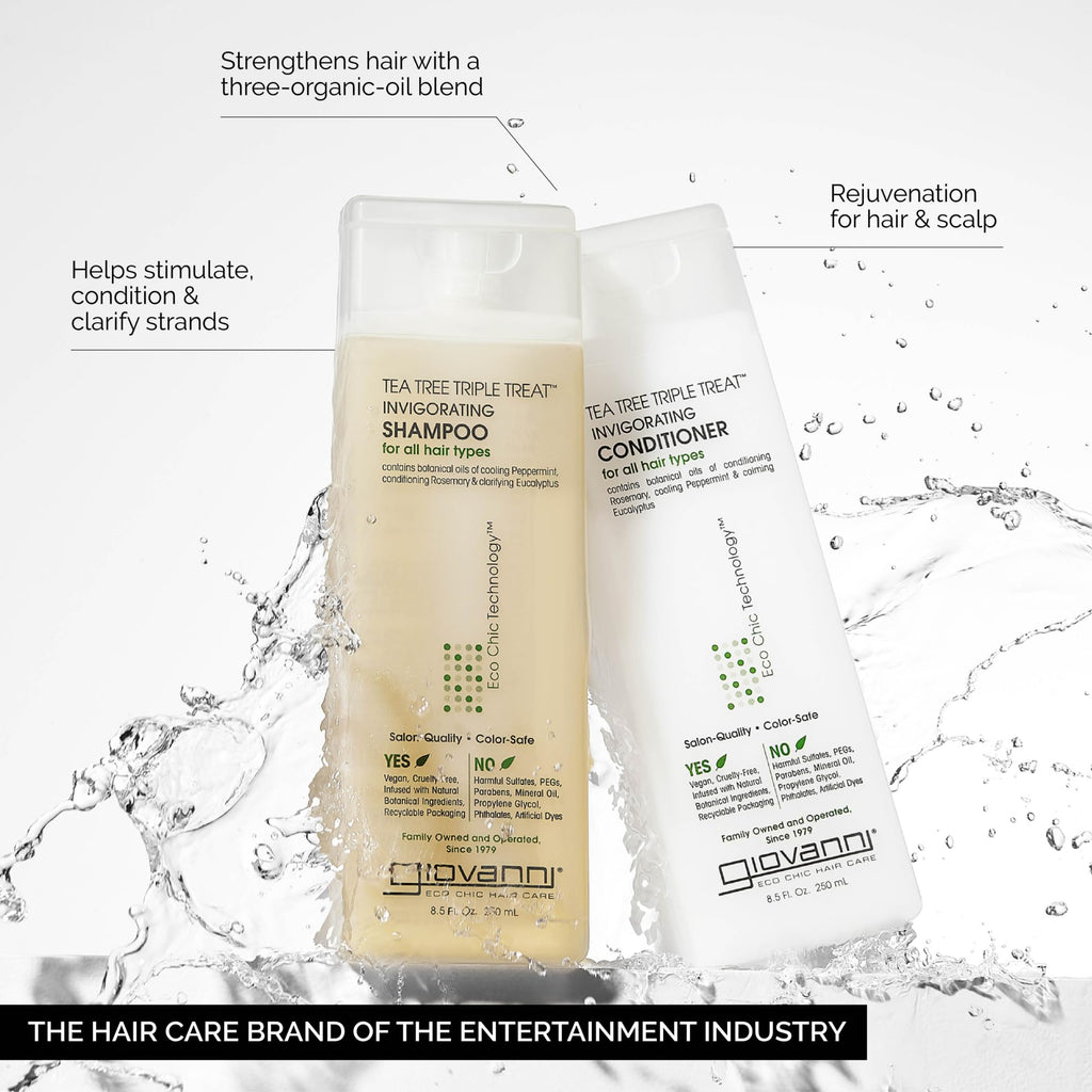 GIOVANNI Tea Tree Triple Treat Invigorating Shampoo & Conditioner Set – Peppermint, Rosemary, Eucalyptus | Vegan & Cruelty-Free