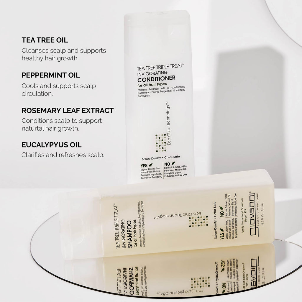 GIOVANNI Tea Tree Triple Treat Invigorating Shampoo & Conditioner Set – Peppermint, Rosemary, Eucalyptus | Vegan & Cruelty-Free