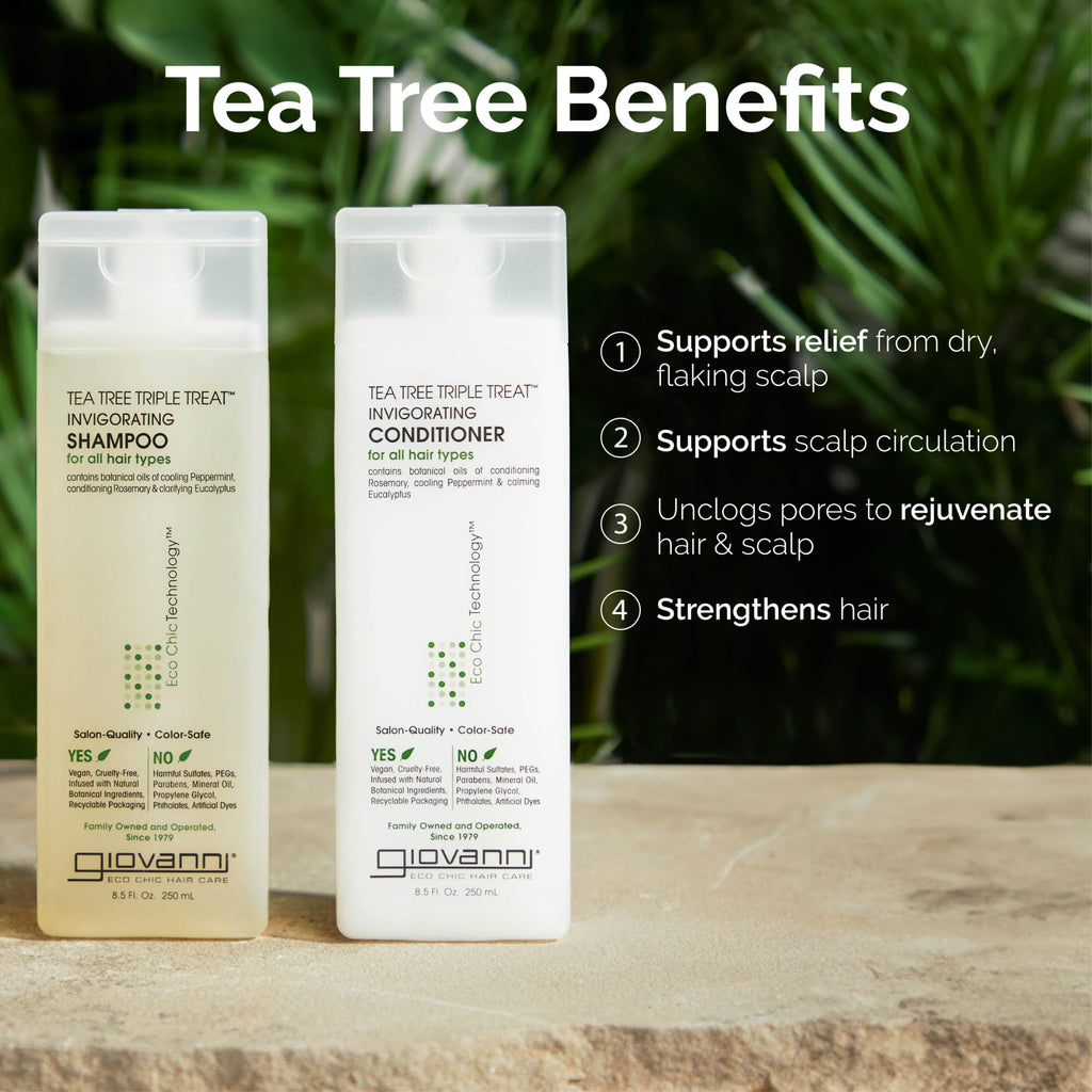 GIOVANNI Tea Tree Triple Treat Invigorating Shampoo & Conditioner Set – Peppermint, Rosemary, Eucalyptus | Vegan & Cruelty-Free