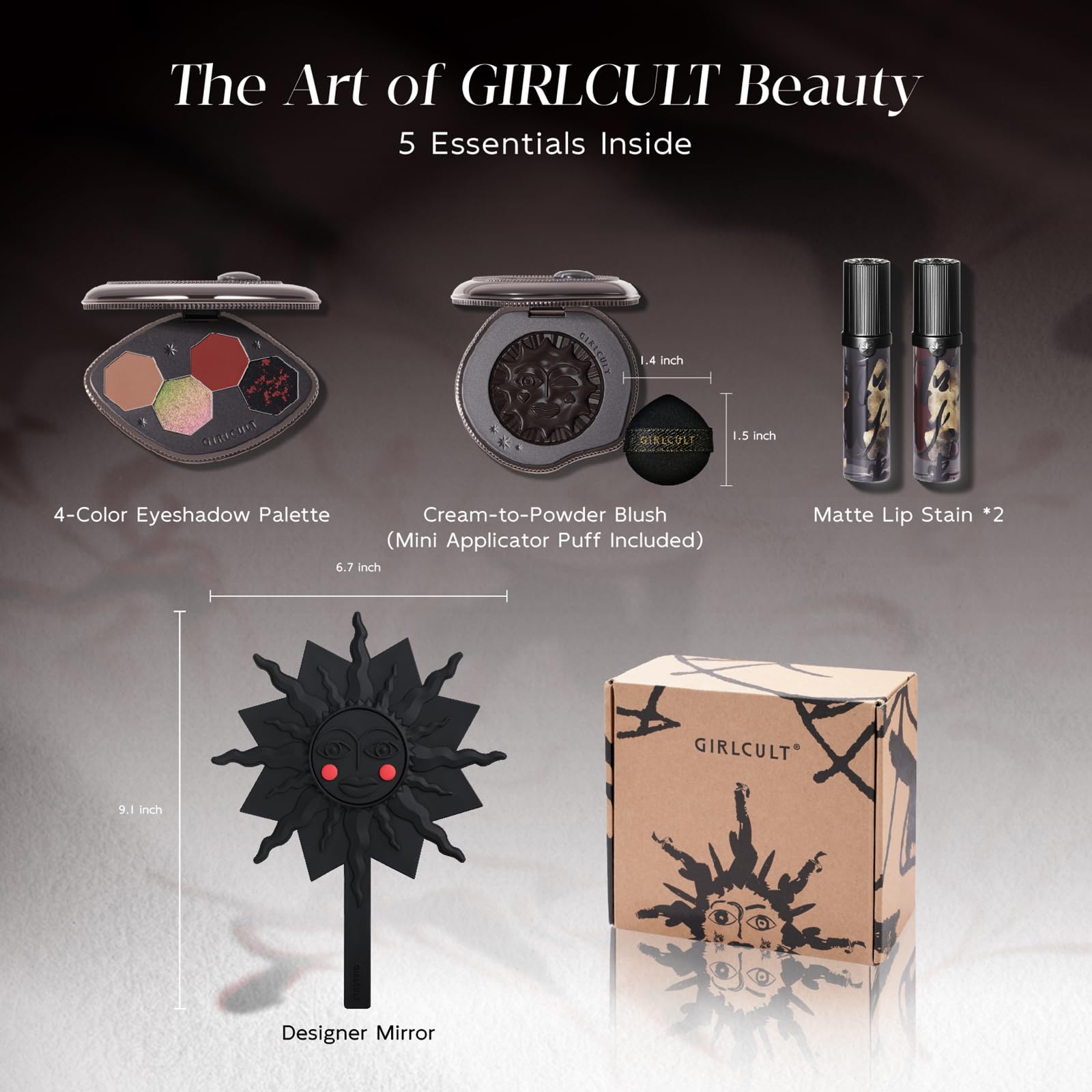 GIRLCULT 5-in-1 Makeup Gift Set – Eyeshadow Quad, Cream Blush, Matte Lip Stains & Hand Mirror