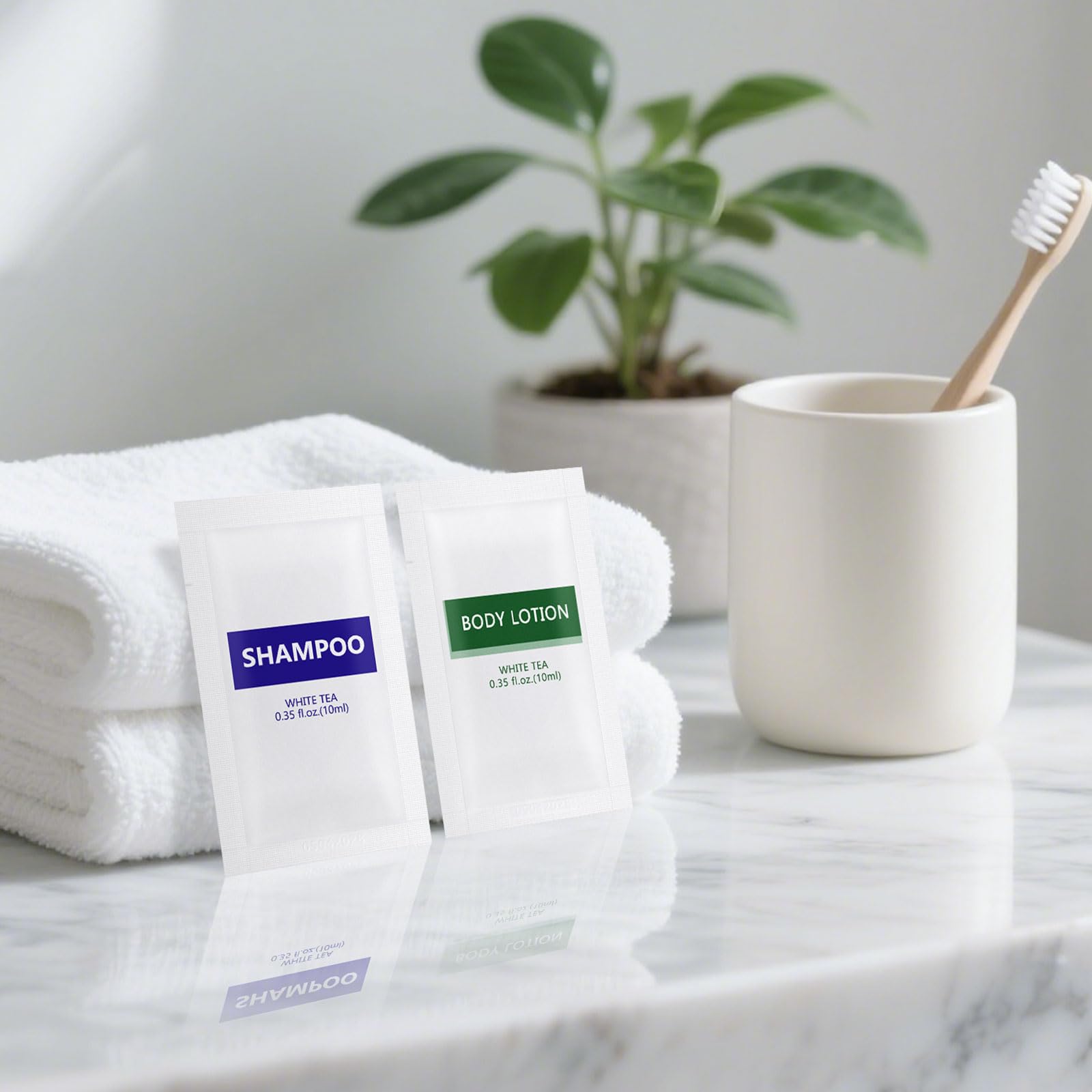 Gisdo Travel Size Body Wash & Shampoo Bulk | 0.35 oz Pouches | White Tea Scent (Pack of 200)