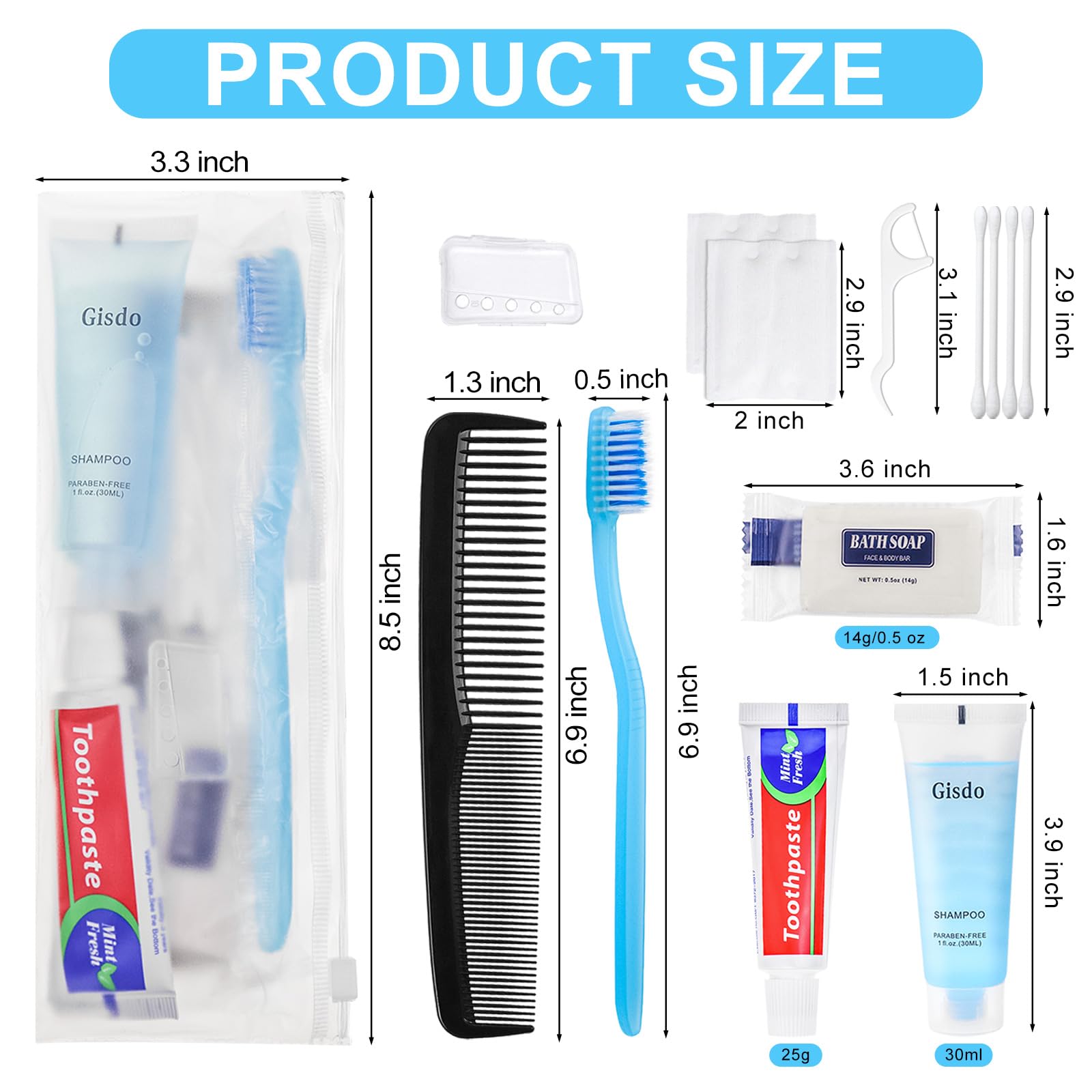 Gisdo 50-Pack Basic Toiletry Kits | 10-in-1 Travel Hygiene for Men & Women