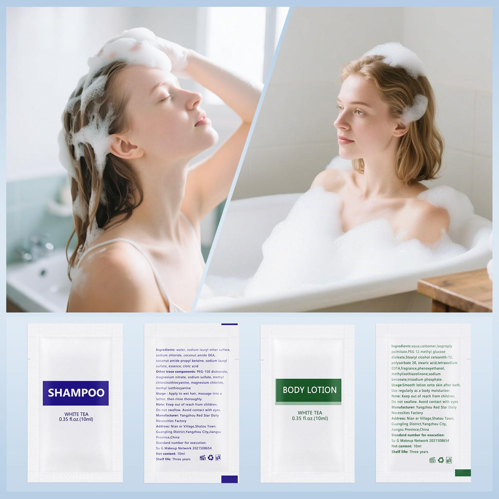 Gisdo Travel Size Body Wash & Shampoo Bulk | 0.35 oz Pouches | White Tea Scent (Pack of 200)