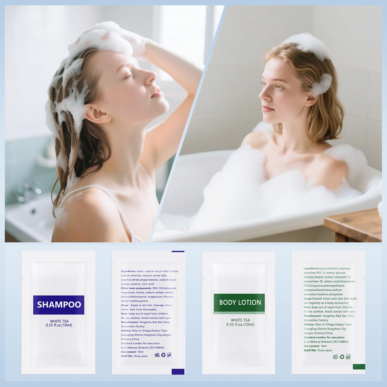 Gisdo Travel Size Body Wash & Shampoo Bulk | 0.35 oz Pouches | White Tea Scent (Pack of 200)