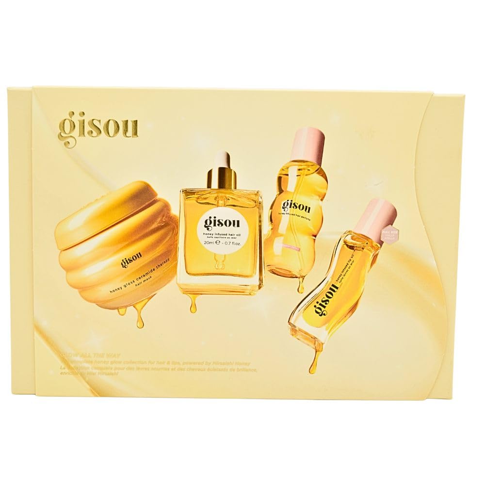 Gisou Glow All The Way: Hair & Lip Gift Set – Lip Oil, Hair Mask, Hair Oil & Perfume