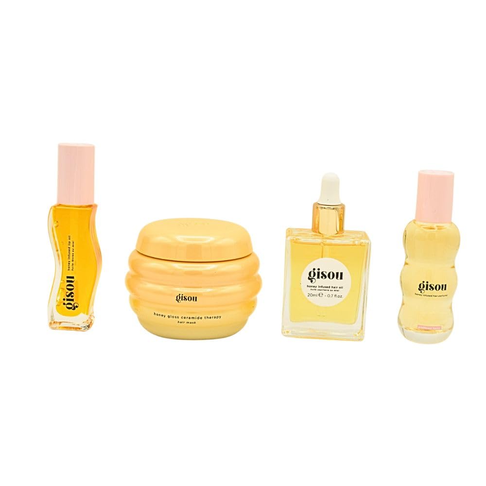 Gisou Glow All The Way: Hair & Lip Gift Set – Lip Oil, Hair Mask, Hair Oil & Perfume