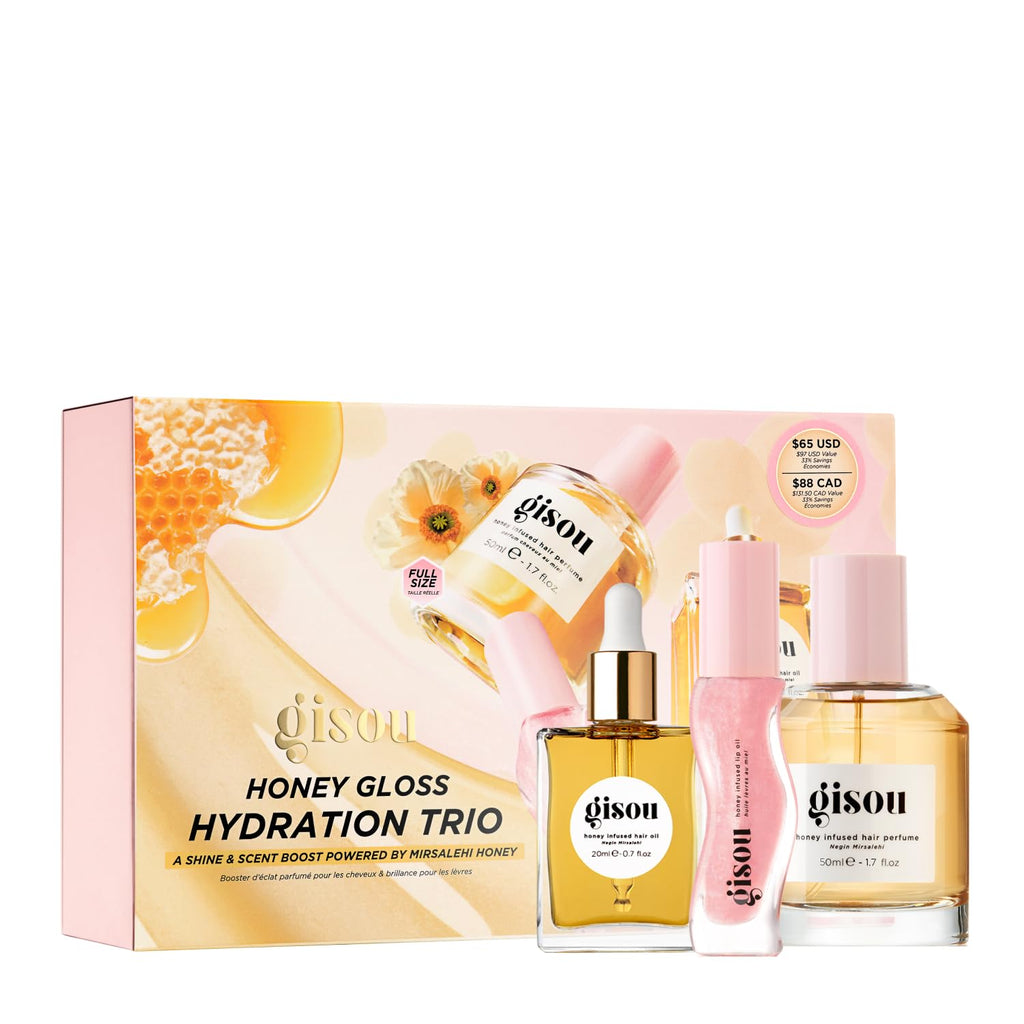 Gisou Honey Gloss Hydration Trio – Wildflower Honey Hair Perfume, Watermelon Sugar Lip Oil, Hair Oil