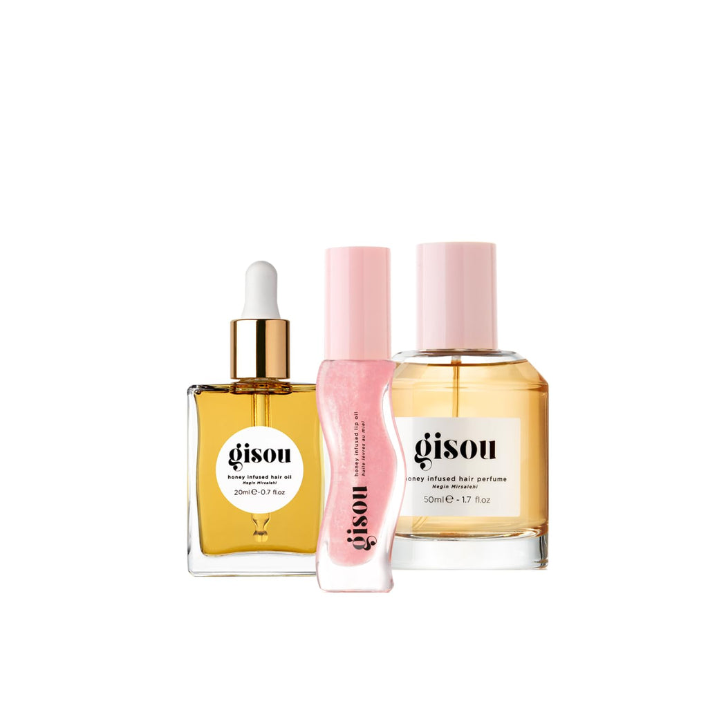 Gisou Honey Gloss Hydration Trio – Wildflower Honey Hair Perfume, Watermelon Sugar Lip Oil, Hair Oil
