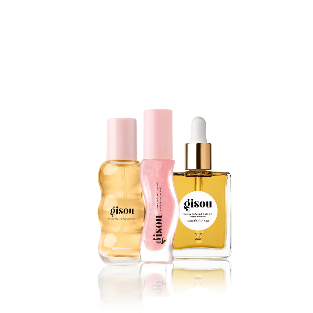 Gisou Honey Gloss On The Go Travel Set | Wildflower Honey Hair Perfume, Watermelon Sugar Lip Oil, Hair Oil
