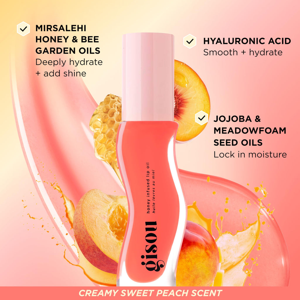 Gisou Honey Infused Hydrating Lip Oil – Bee-lini Peach Nourishing Lip Moisturizer