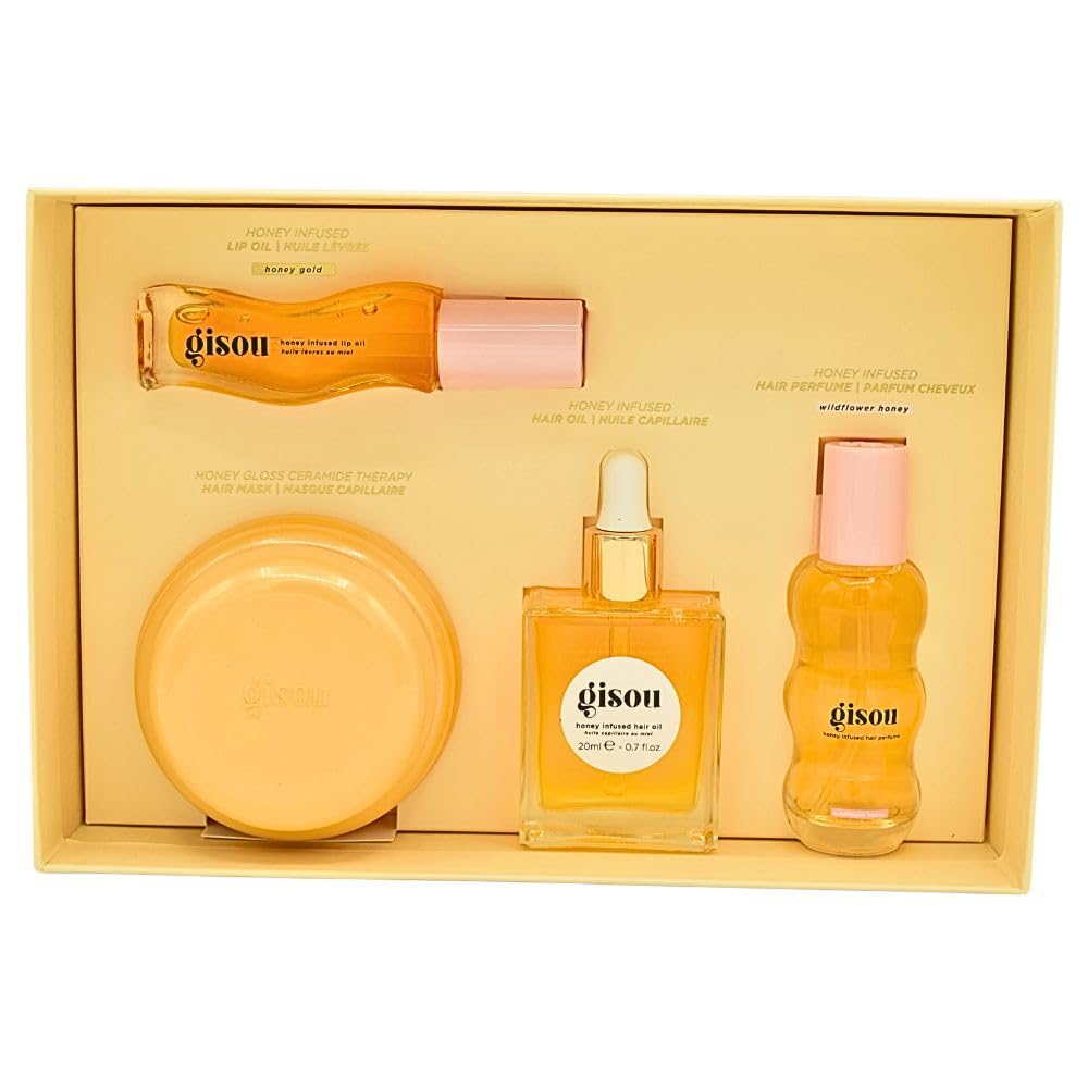 Gisou Glow All The Way: Hair & Lip Gift Set – Lip Oil, Hair Mask, Hair Oil & Perfume