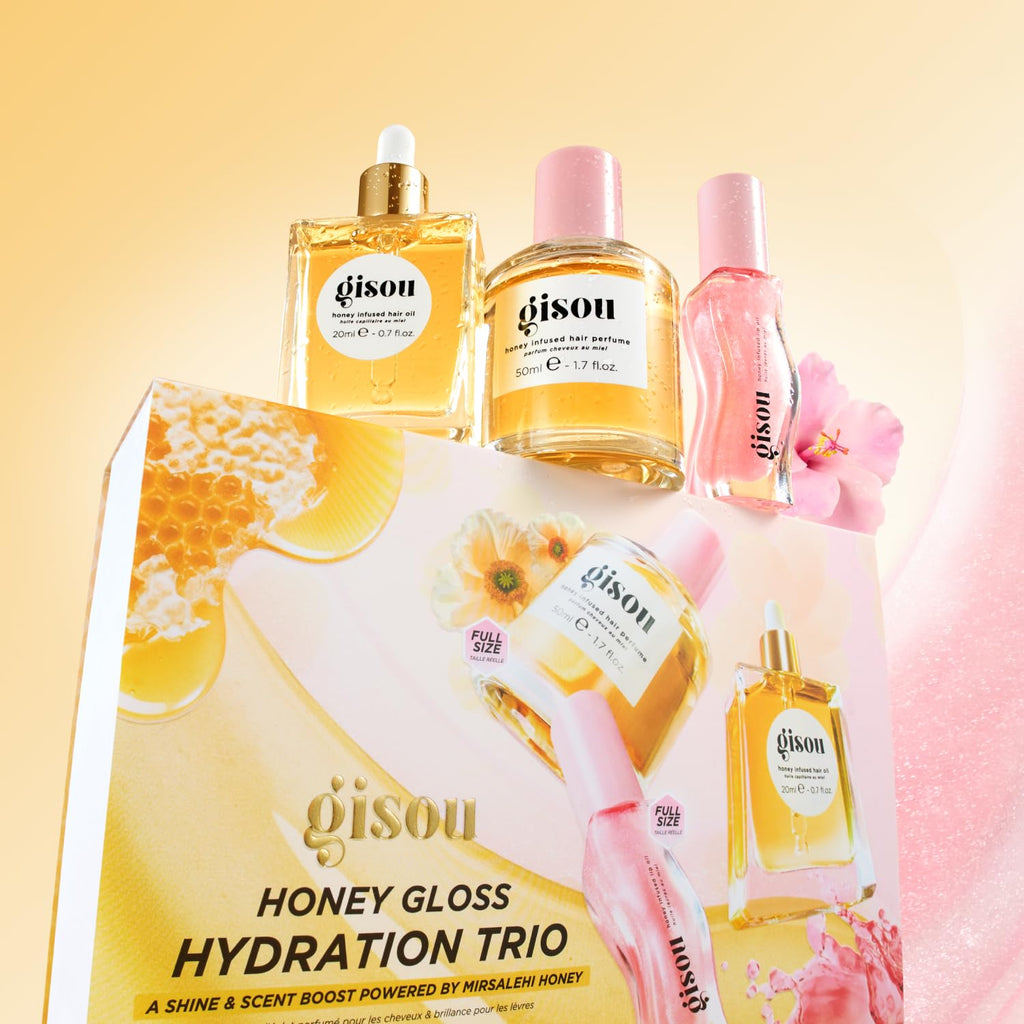 Gisou Honey Gloss Hydration Trio – Wildflower Honey Hair Perfume, Watermelon Sugar Lip Oil, Hair Oil