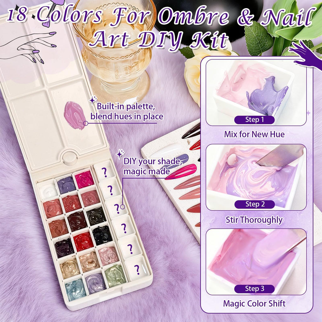 GJYUQHUA 18-Color Patting Gel Polish & Tools Kit for Ombre Nails | Gradient Blooming DIY Manicure